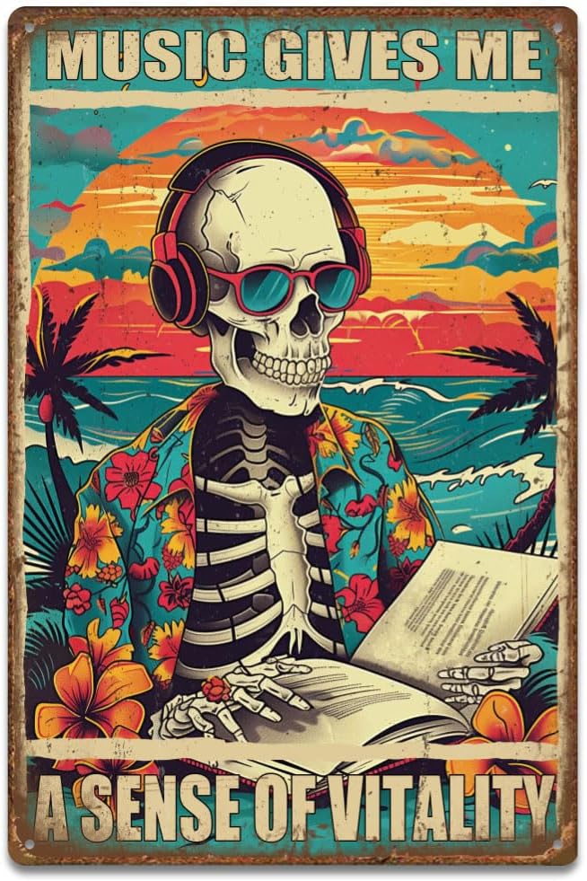 SUPERDANT 1Pcs Funny Skeleton Metal Wall Sign 7.8x11.8 in Vintage Music Gives Me A Sense Of Vitality Wall Art Pre-Drilled Iron Plaque for Living Room Bedroom Porch Yoga Studio Man Cave Colorful