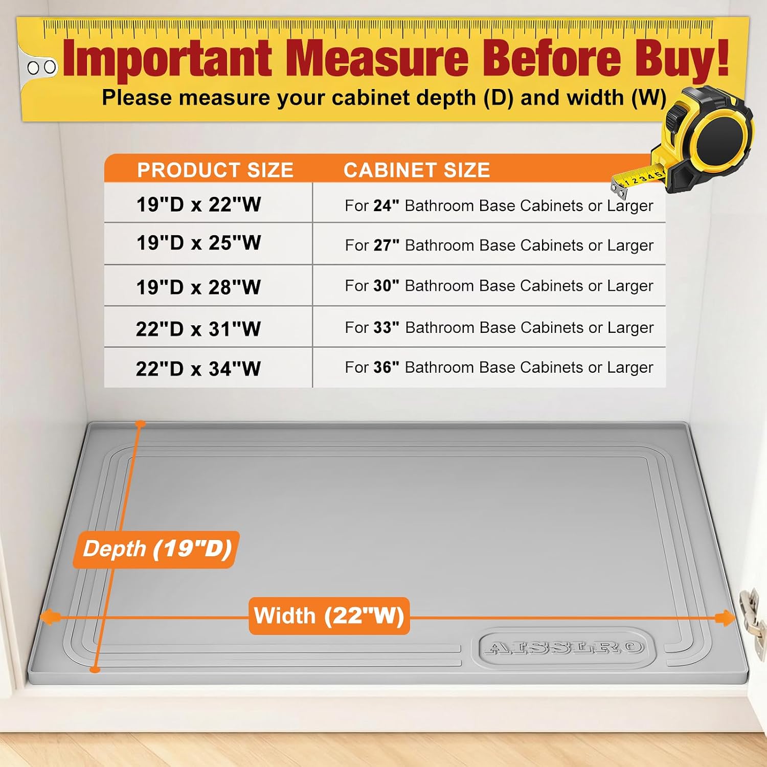 Aisslro Under Sink Mat 28" X 19", Waterproof Silicone Under Sink Mats for Kitchen, Anti-Leak Shelf Liner & Cabinet Protector with Raised Edge, [BPA Free] Bathroom Tray Home Organizer, Grey