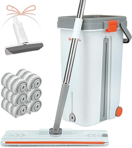 Juego de trapeador y cubo con escurridor con ruedas para el sistema doméstico, 6 trapeadores de microfibra reutilizables, almohadillas mágicas,