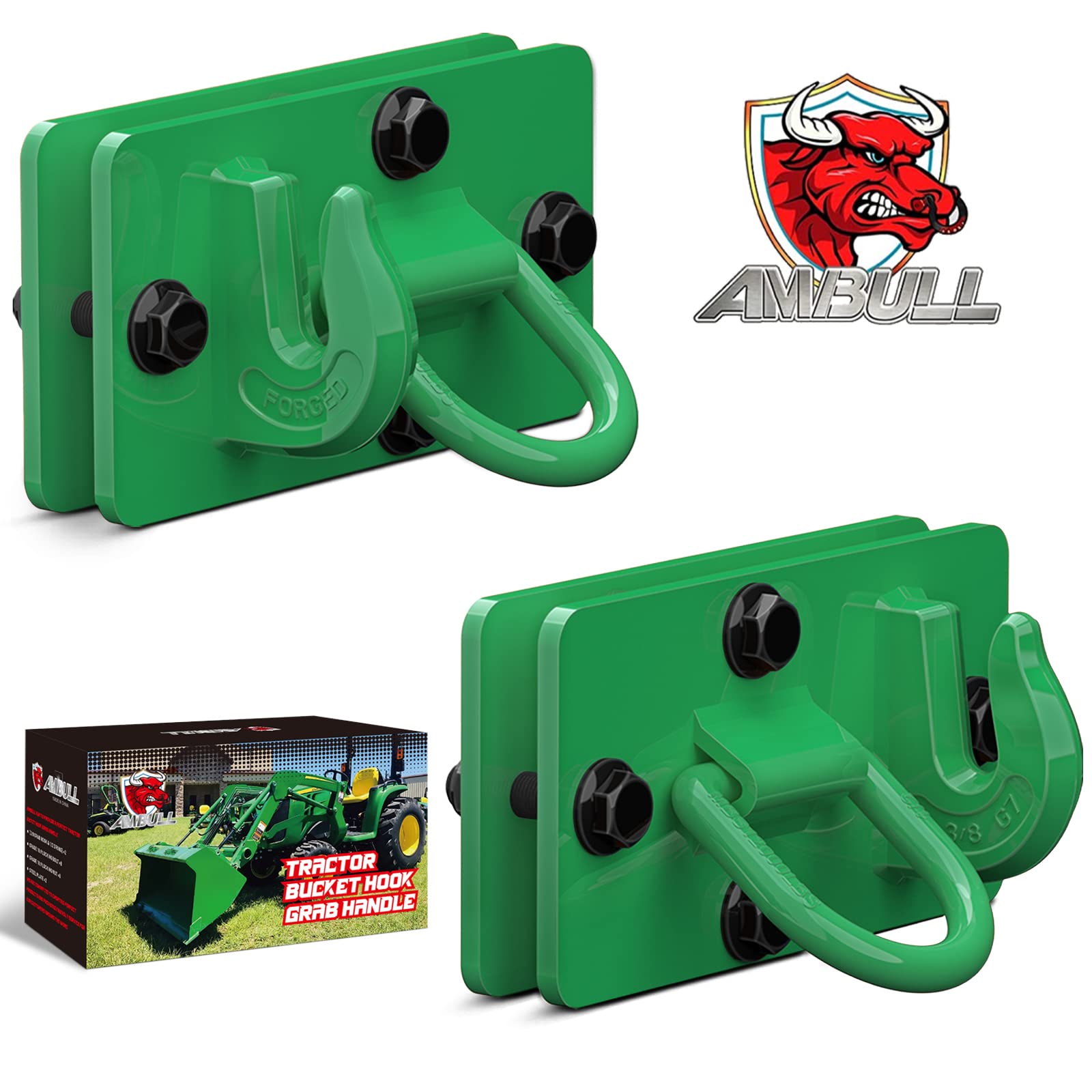 AMBULL2 Pack Tractor Bucket Hooks with Tie Down Ring, Grade 70 Forged Steel Bolt On Grab Hook Tow Hook Mount with Backer Plate, Work Well for Tractor Bucket, RV, UTV, Truck, Max 15,000 lbs DarkGreen