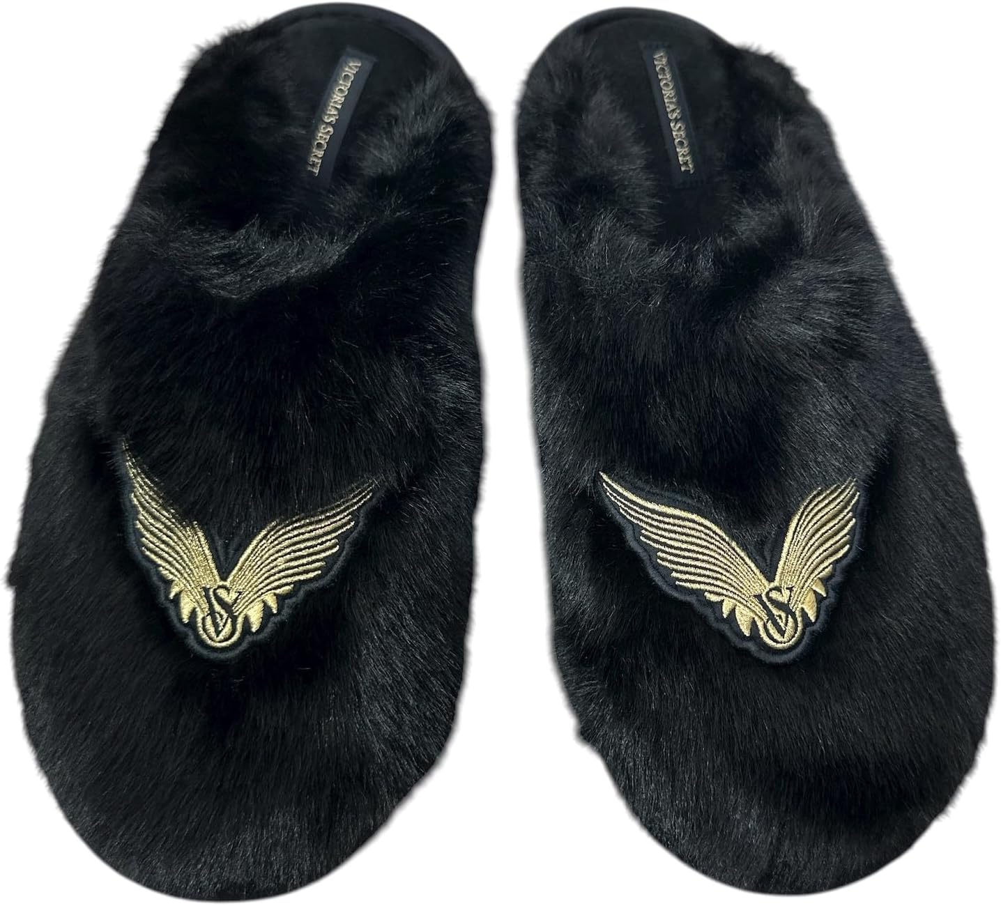 Victoria's Secret Luxe Plush Faux Fur Slippers Black Closed Toe Soft Cozy Angel Wings Indoor Shoes New