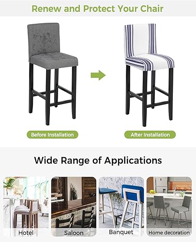 Miniatura 3 de Juego de 2 fundas para taburetes de bar a rayas azul marino, fundas elásticas para sillas de comedor, modernas fundas de arte abstracto a rayas