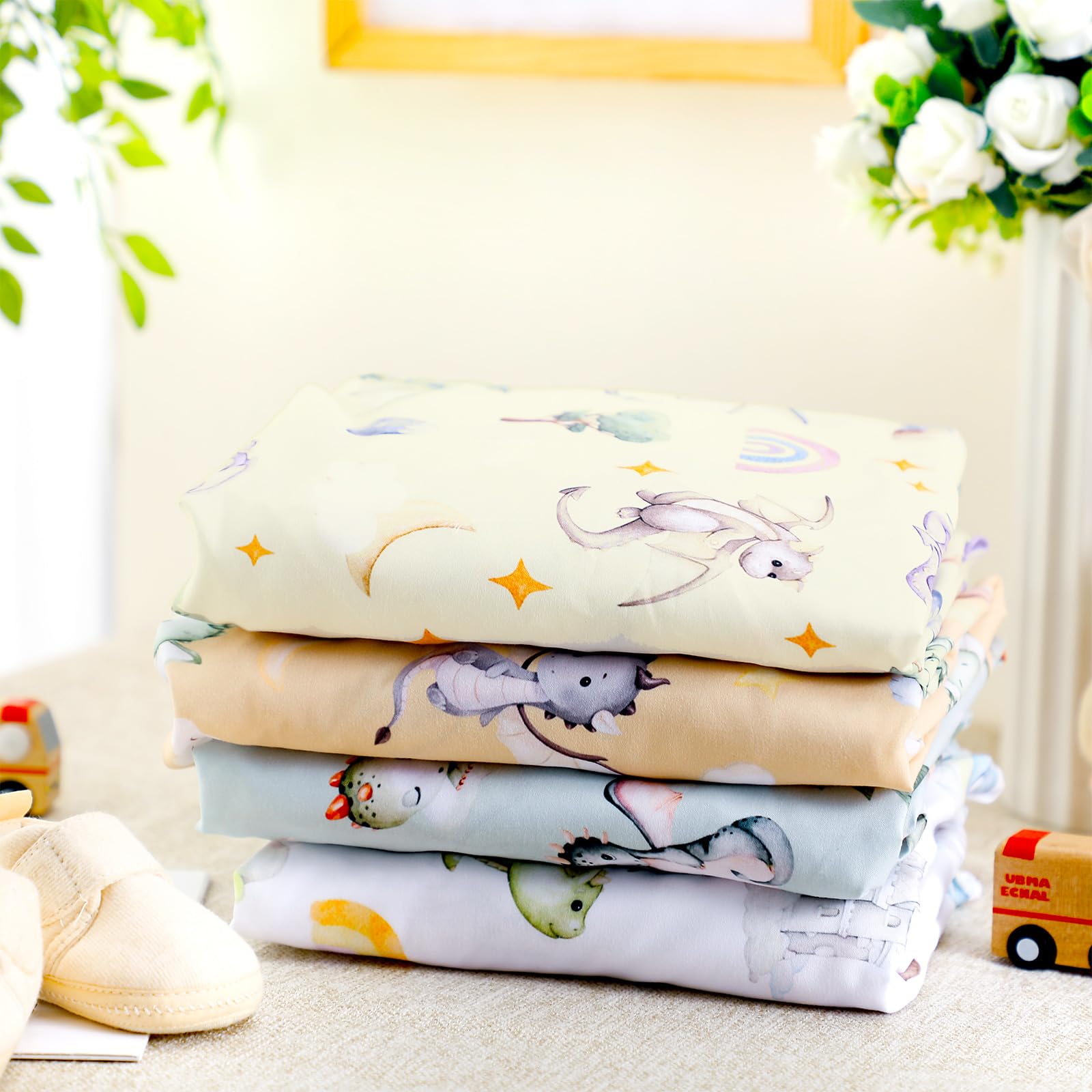 VitalCozy Juego de sábanas de 4 piezas para cuna de dragón en acuarela, ropa de cama para recién nacido, sábanas para bebé para niñas y niños, regalos para bebés estándar de cuna y colchones de niños
