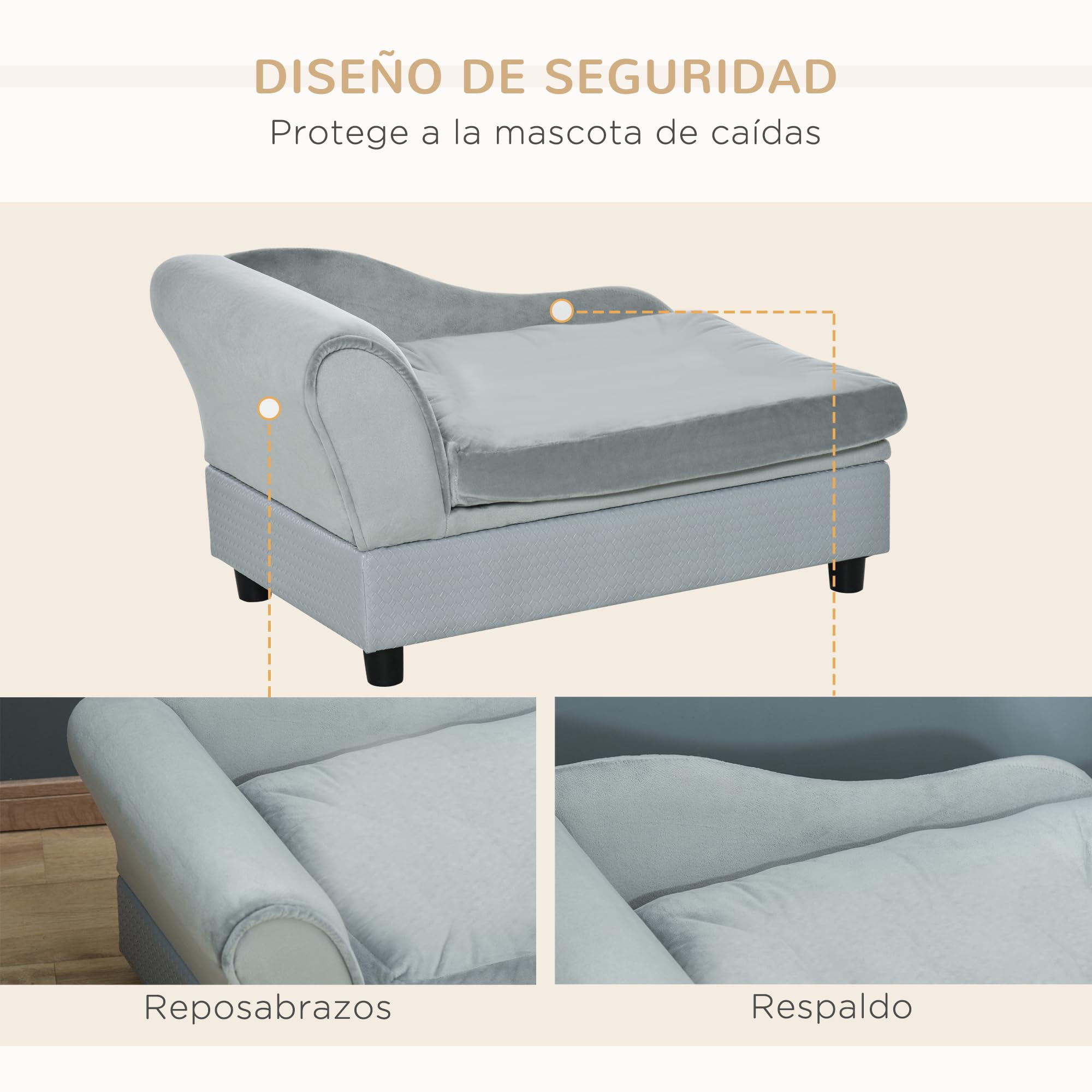 PawHut Sofá para Perros Pequeños Sofá para Gatos Tapizado en Terciopelo con Almacenaje Oculto y Cojín Lavable Carga 10 kg 76x45x43 cm Gris Claro