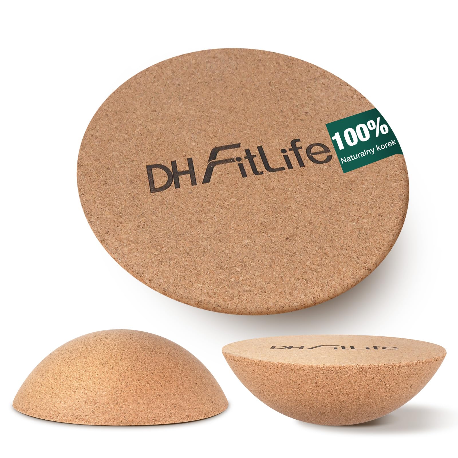 DH FitLife Półkula Korkowa do Deski do Balansowania dla Dorosłych | 30 x 10 cm | 360° Half Balance Ball | Pasuje do Wszystkich Desek do Surfowania | 100% Naturalny Korek i Antypoślizgowa