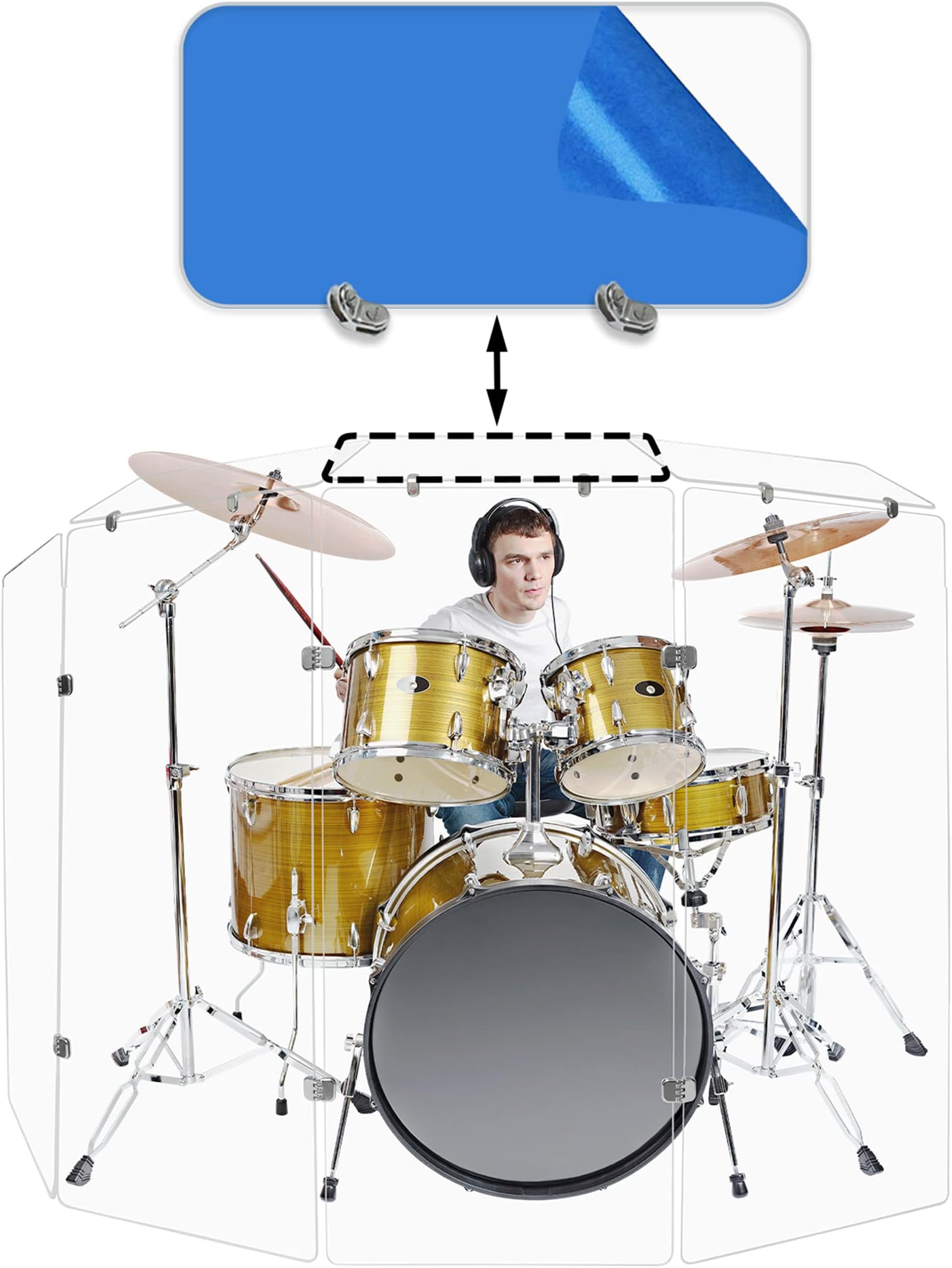 PENNZONI Drum Shield Deflector Panel with Chrome Connector, Top Deflector Panel with 2 Connectors, Clear Acrylic Deflector Panel, Single