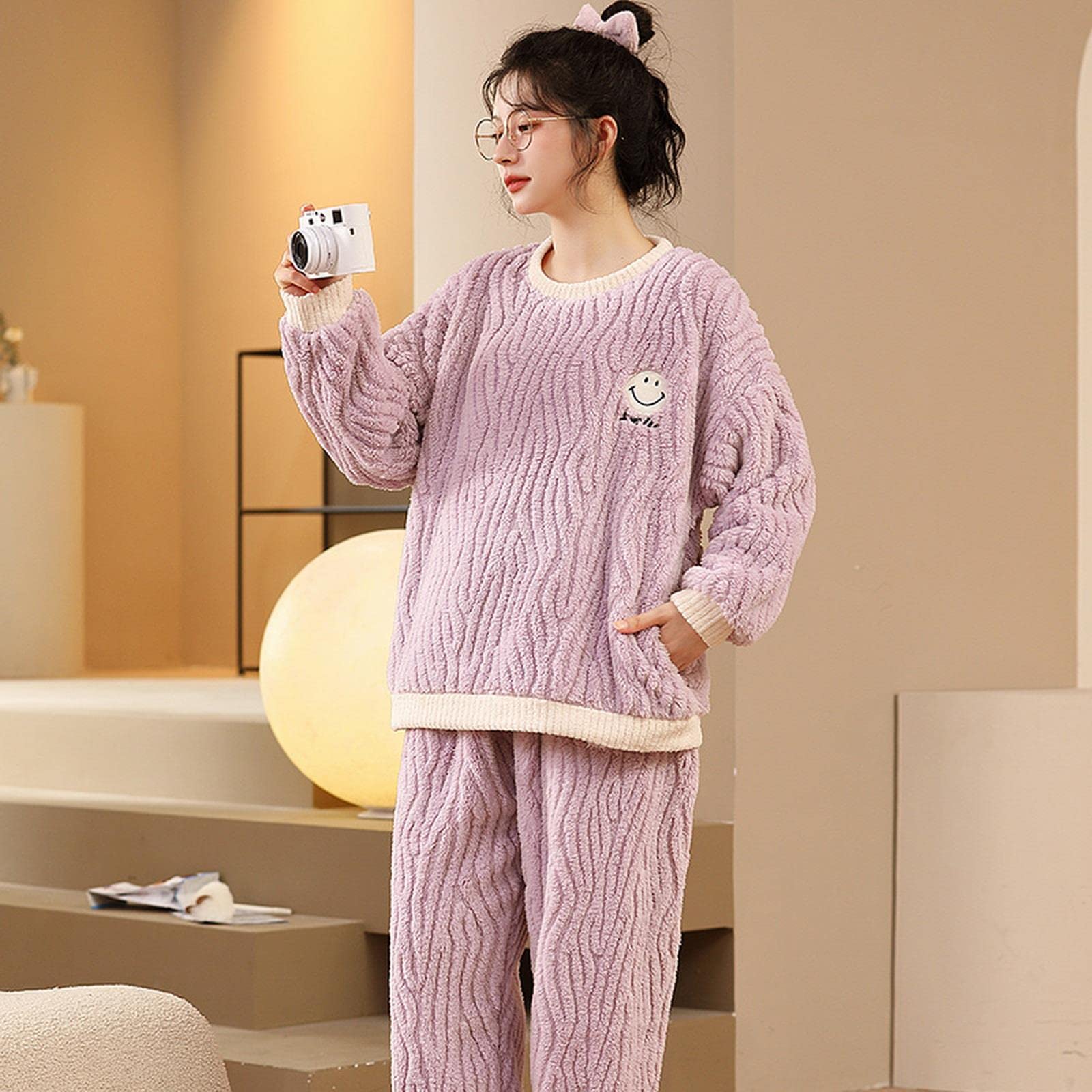 TOBILE Pijama de franela de invierno para mujer, conjunto de pijama de felpa jacquard cálido grueso para el hogar, pantalones de dos piezas, pijama 9904, M