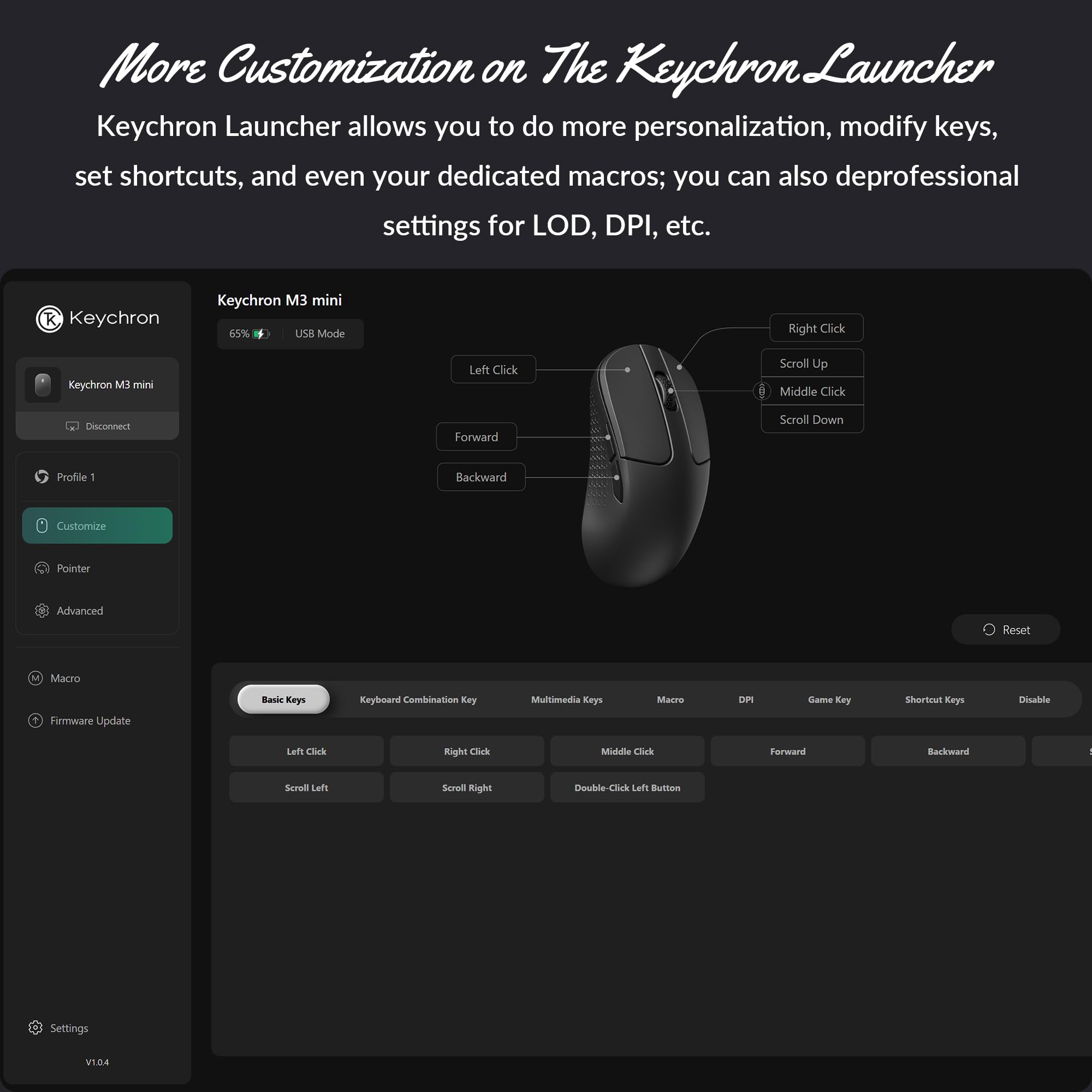 Keychron M3 Mouse Ottico Wireless, 2,4 GHz/Bluetooth 5.2/USB-C, 1000 Hz Frequenza di Polling, PixArt 3311, 12000 DPI, 300 IPS, Leggero ed Ergonomico, Mouse Programmabile per Windows, Mac e Linux, Nero