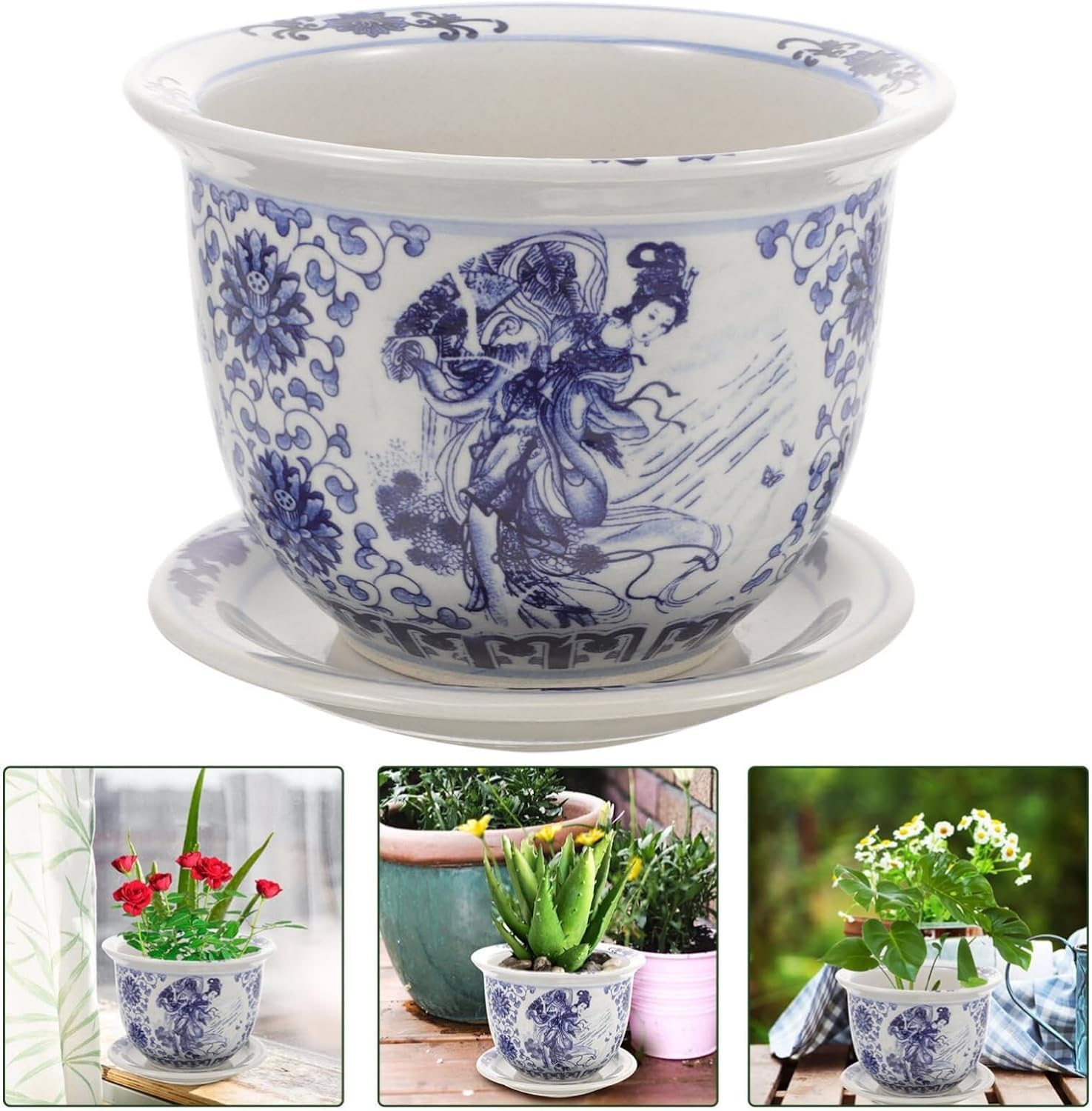 Niebiesko-biała ceramiczna doniczka z otworem drenażowym i spodkiem, dekoracyjna doniczka na rośliny doniczkowe-17,00X17,00X12,00 cm