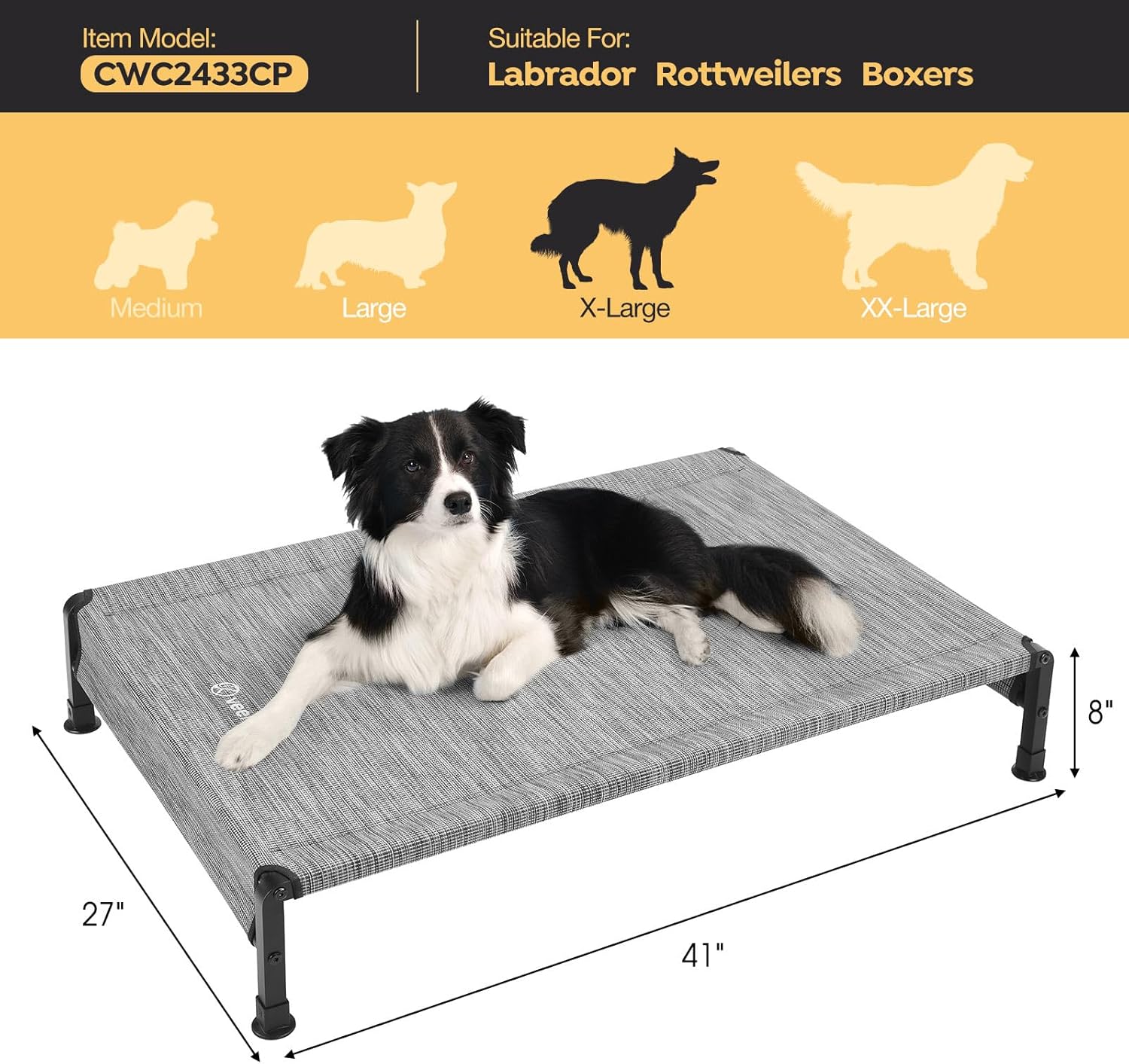 Veehoo Cooling Outdoor Dog Bed, Heavy Duty Elevated Pet Bed with Washable & Breathable Teslin Mesh, Non-Slip Silicon Feet, Dog Cot Bed with Support Hem, 41" x 27", Black Silver, CWC2433