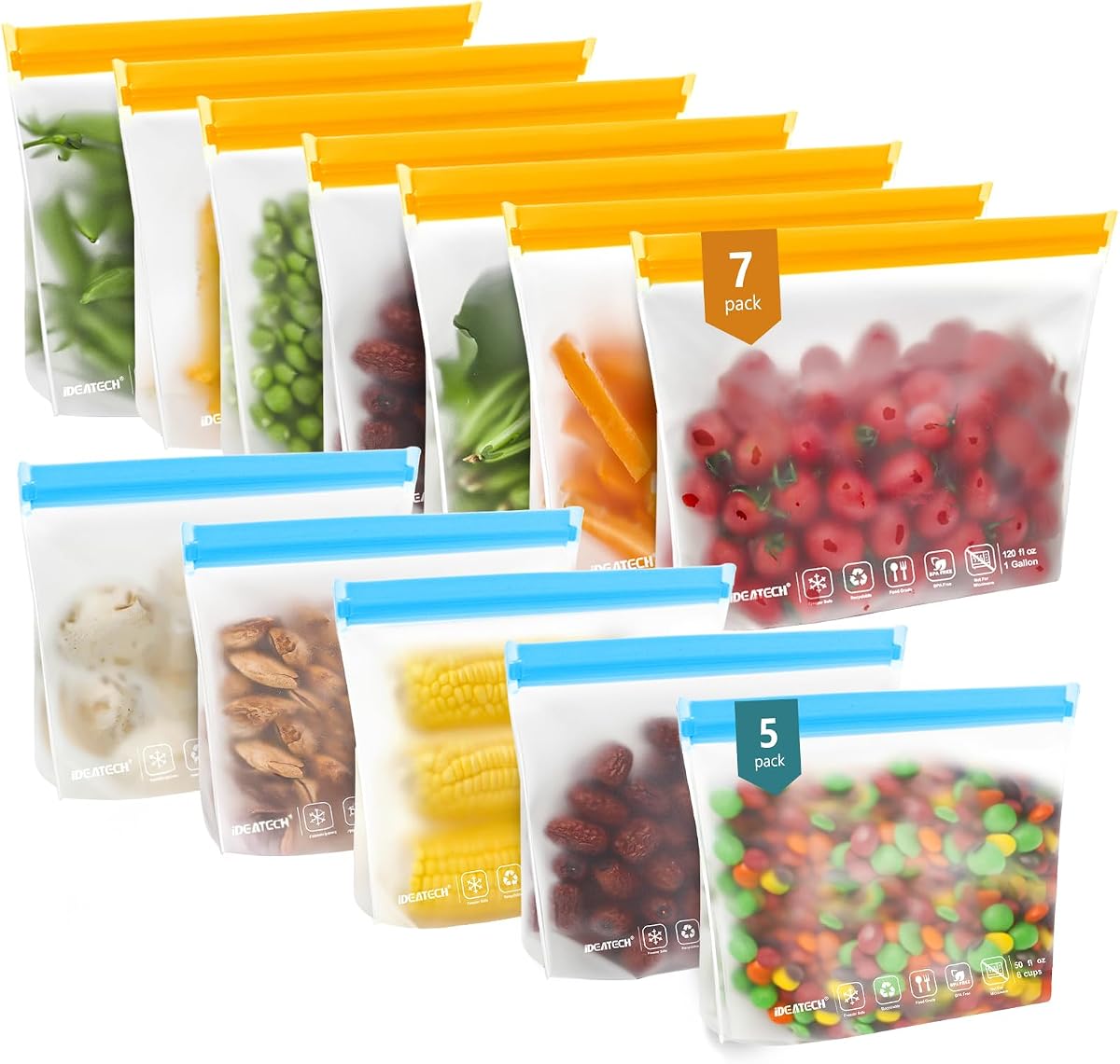 IDEATECH Reusable Bags for Food, Snack, Sandwich Storage, Dishwasher Safe & Leakproof Freezer Bags, Large Gallon & Quart BPA Free Reusable Baggies for Marinate Meats, Lunch, Trave(12Pack, Colored)