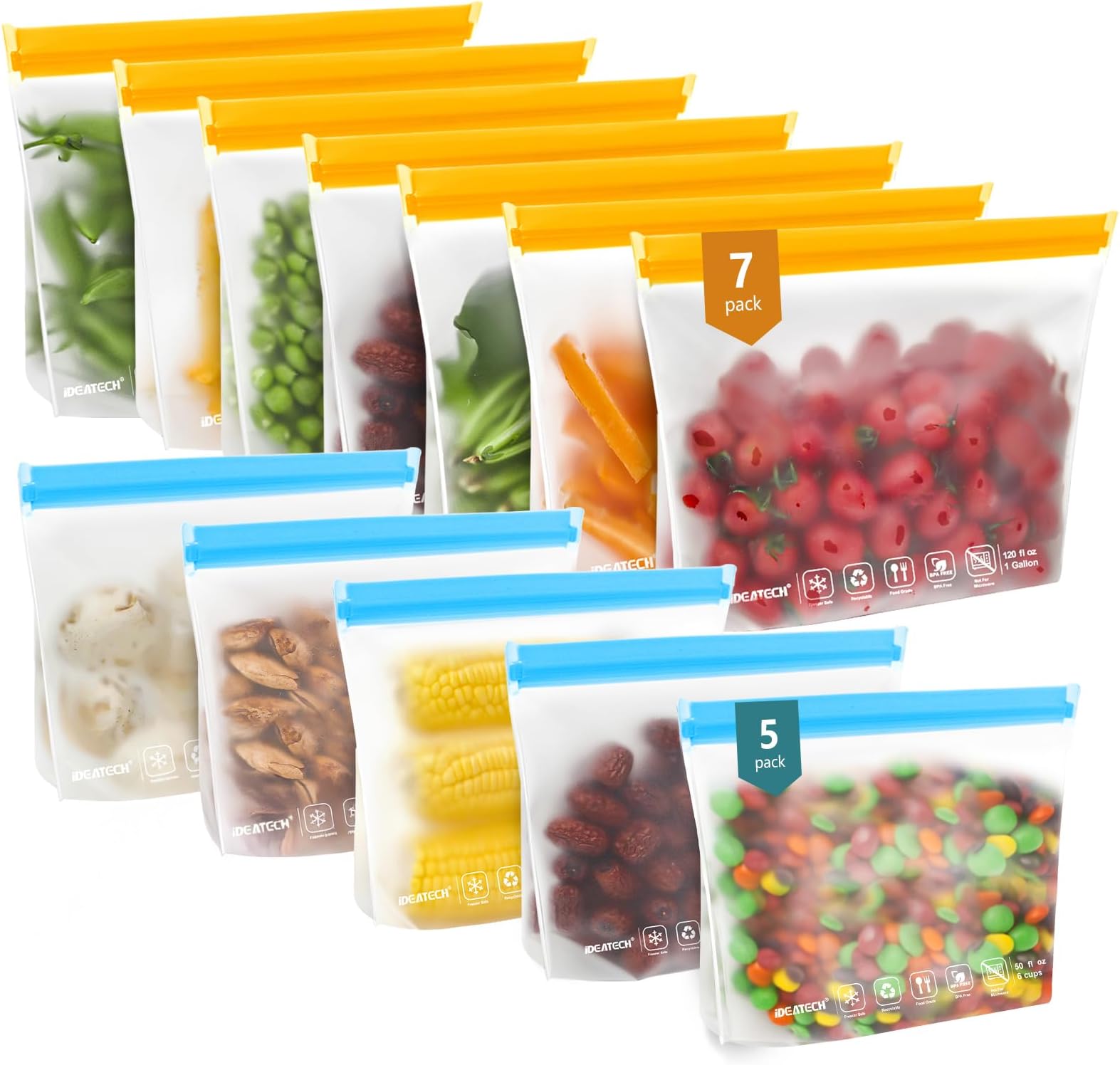12Pack Reusable Food Storage Bags Dishwasher Safe,Leakproof Gallon Freezer Bags, BPA Free Quart Sandwich Size Reusable Baggies for Marinate Meats,Travel(7Gallon 5Quart, Colored)