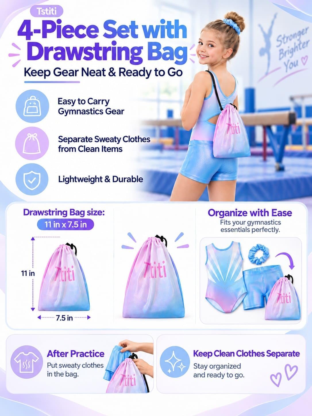 Gymnastics Leotards for Girls Sparkle Outfit with Shorts and Bag