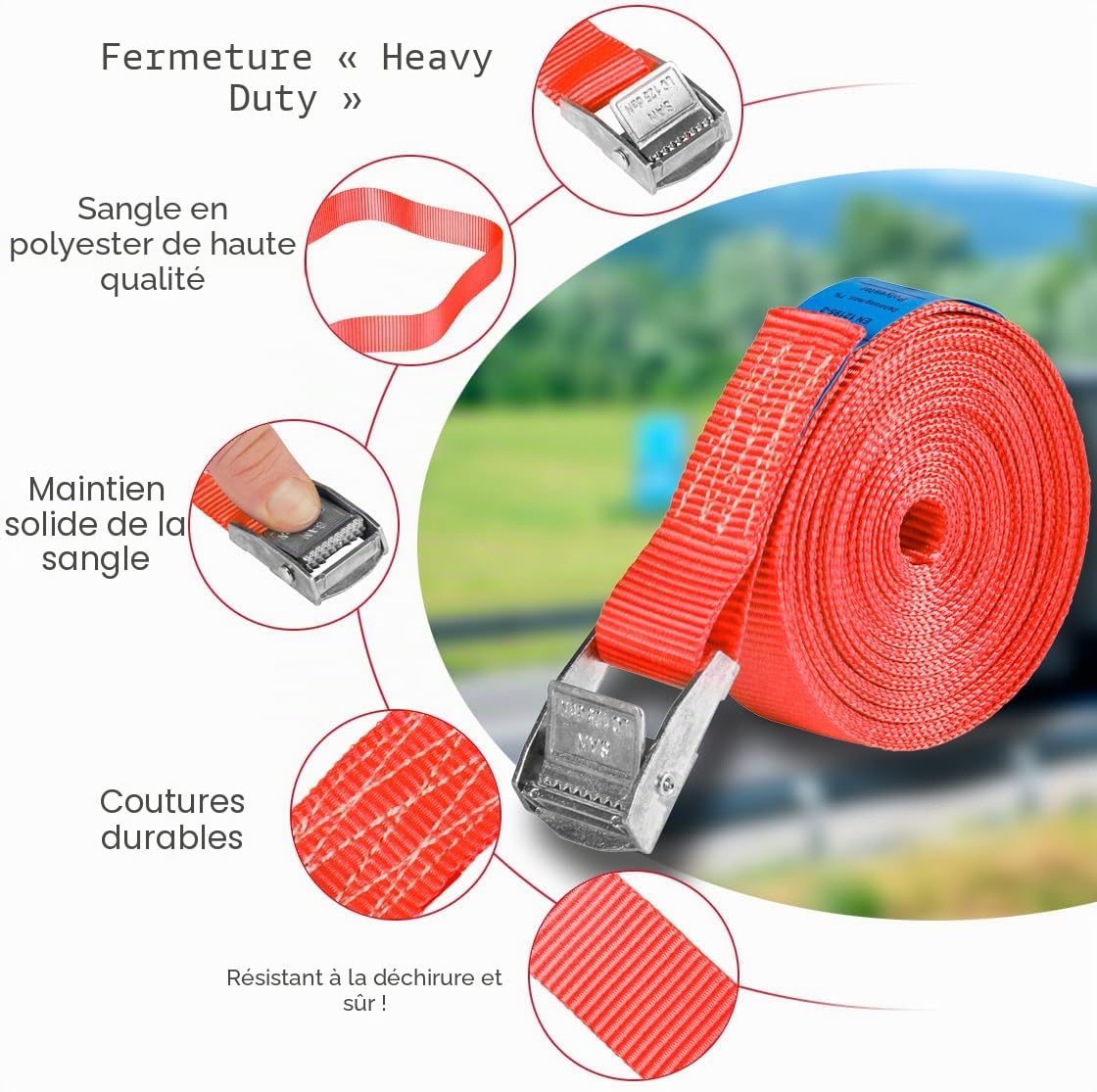 Lot de 6 Sangles d'arrimage avec Boucle, Ceinture à Blocage par Serrage, Sangles de Fixation Charge Max. 250 kg, Selon DIN en 12195-2, Longueur 3m Largeur 25mm, en Une pièce, Rouge