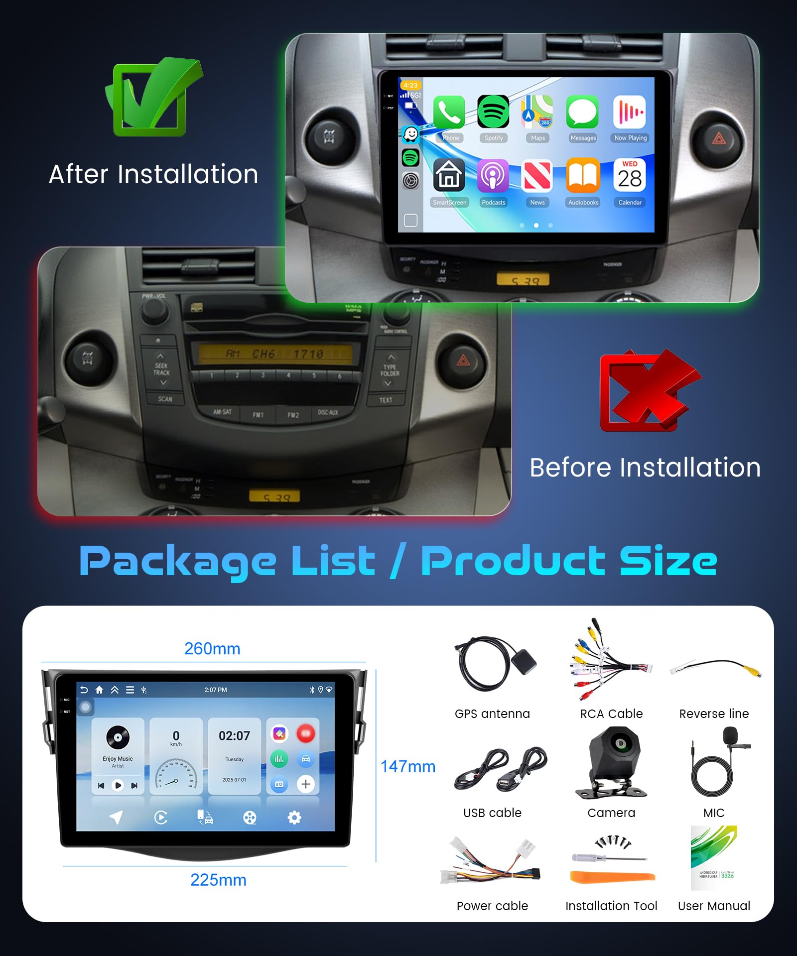 4G+128G Android Radio de Coche para Toyota RAV4 2007-2012 9 Pulgadas Pantalla IN-CELL Radio Wireless Carplay con Android Auto Navegación GPS Mirror Link Bluetooth WiFi/FM/RDS/EQ/SWC/USB Cámara Trasera