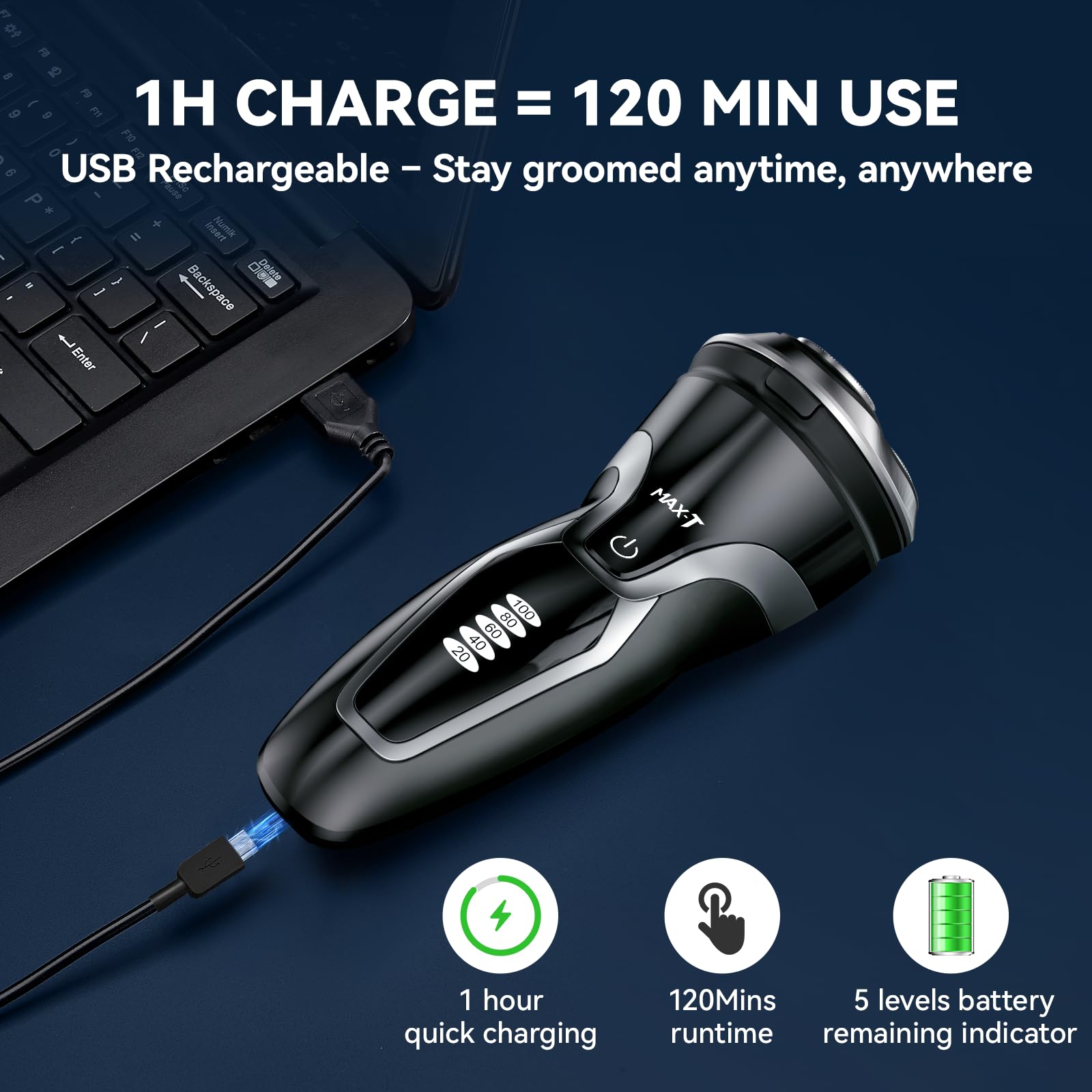 MAX-T Maquinilla de afeitar eléctrica para hombre, recargable, rotativa húmeda y seca para hombres (negro)