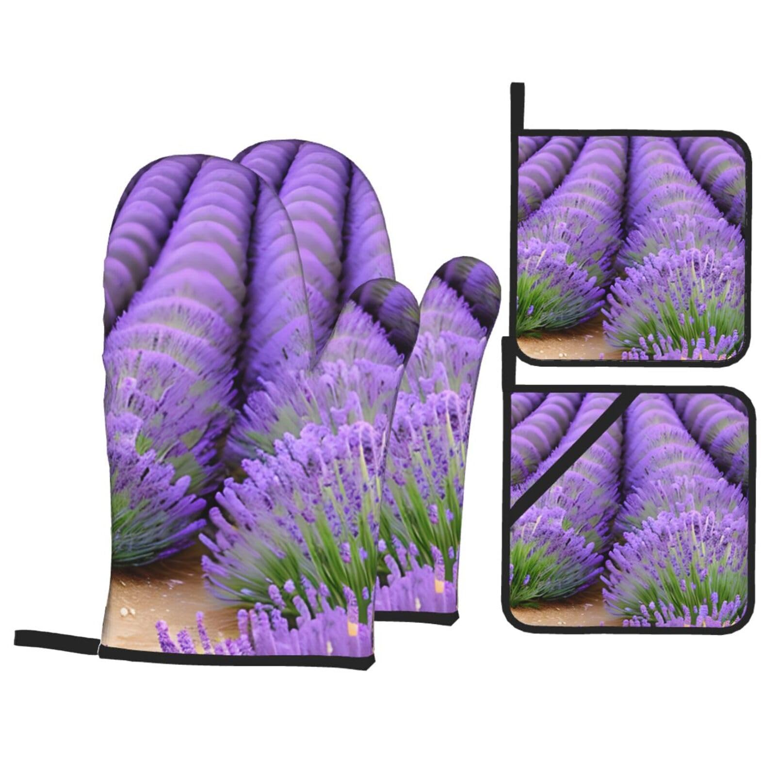 Romantic Lavender Print 4-Piece Oven Microwaving Set Waterproof Kitchen Gloves for Baking Grilling Cooking