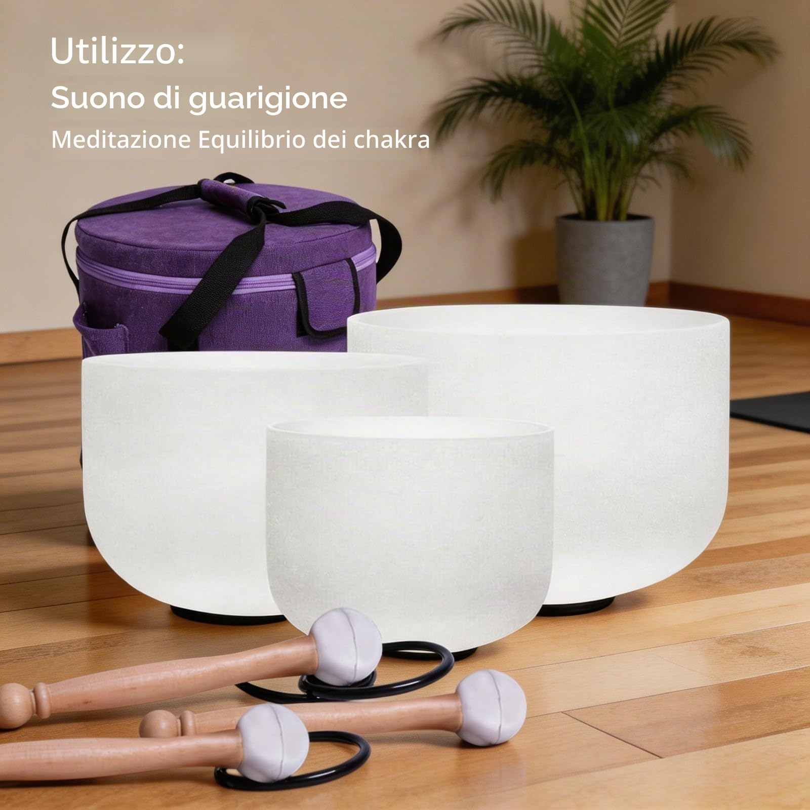 Energysoun - Set di 3 campane tibetane in cristallo di quarzo satinato, 432 Hz, 28 cm, F, 17,8 cm, B, con custodia in tela