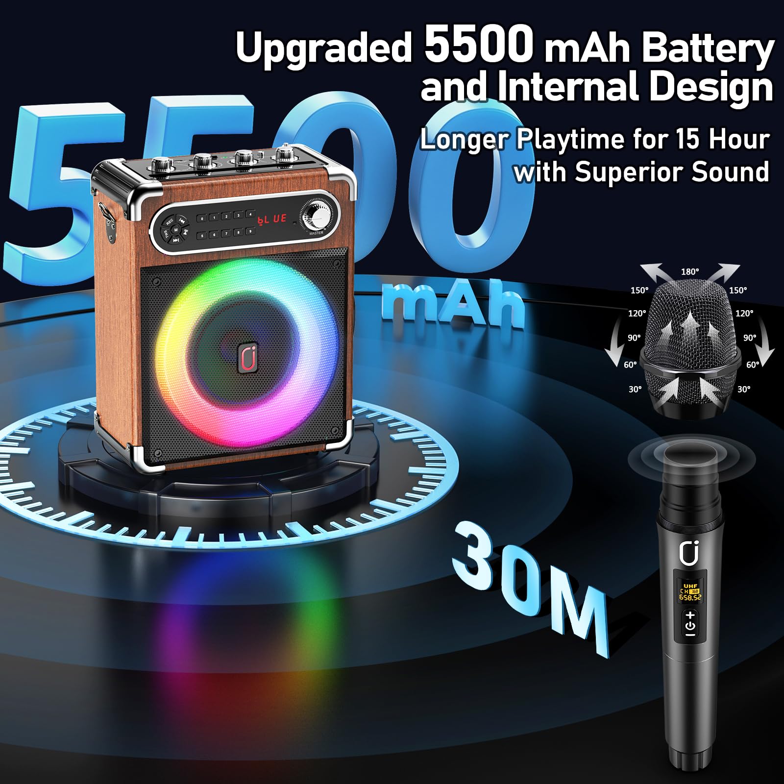 JYX Portable Bluetooth Karaoke Speaker with 2 Wireless Mics, 10Hrs Playtime, RGB Lights, PA System for Adults & Kids, Supports USB/TF/FM/Type-C/AUX, for Home Party, Outdoor & DJ Use (Wood) 4