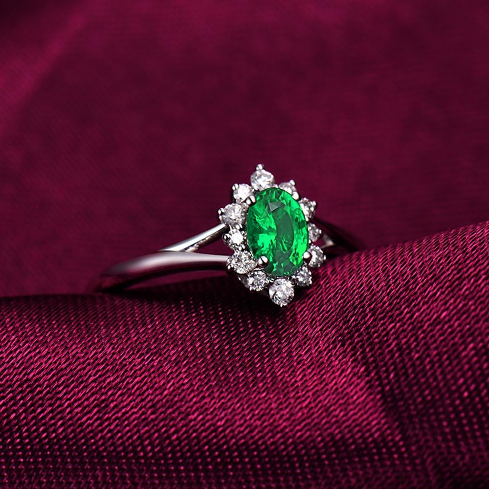 14K White Gold Natural Green Emerald Rings Diamond Engagement Wedding for Women Promotion