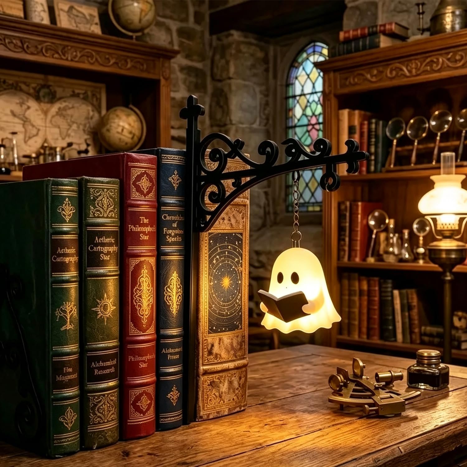 Library Lantern-Decorative Bookshelf Lighting, Miniature Hanging Shelf Lamp, Warm LED Nightlight Vintage Bookcase Light, Reading Nook Literary Decor, Desk Decoration Unique Gift for Book Lovers Ghost