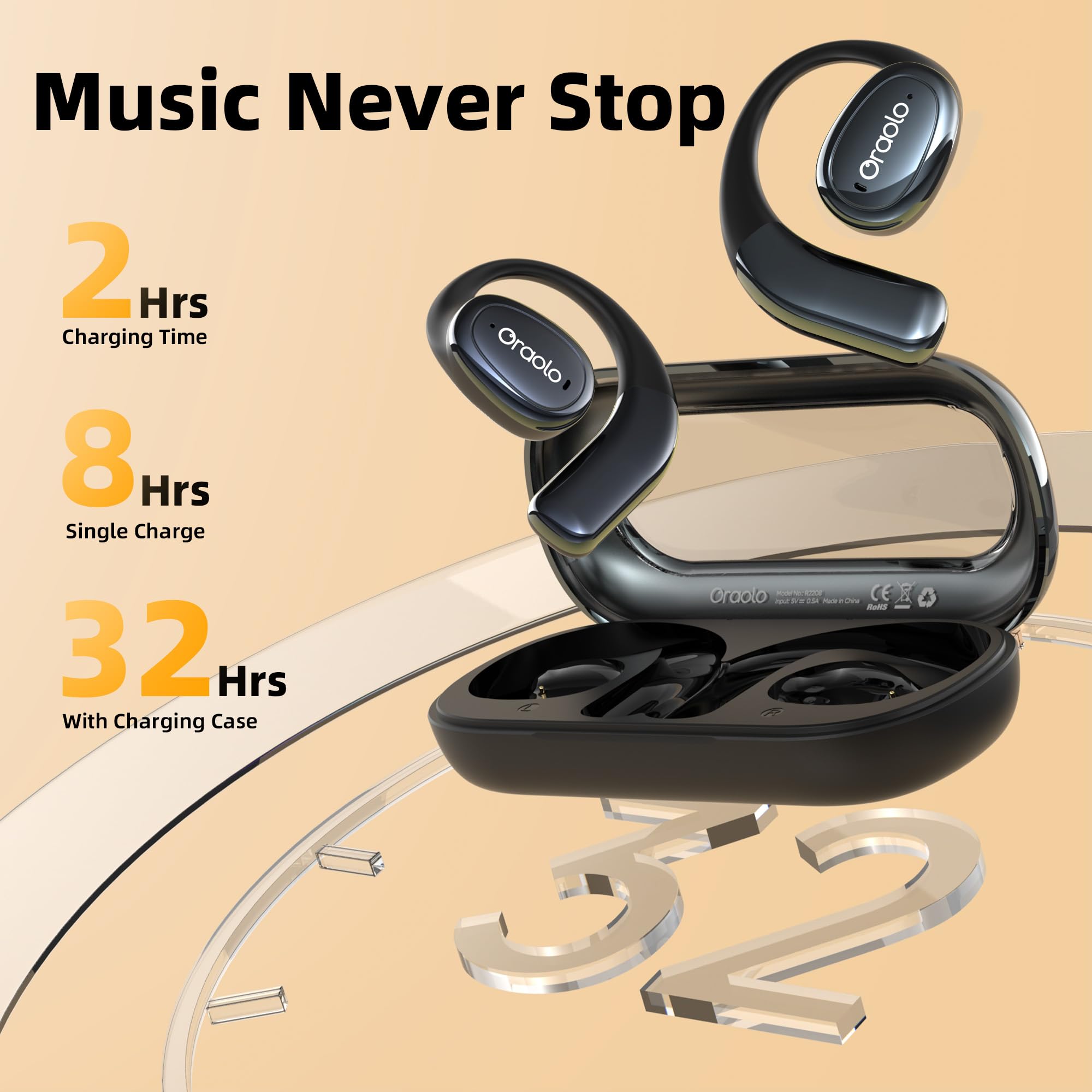 Oraolo Open Ear Headphones, Bluetooth 5.4 Wireless Earbuds with 16.2mm Large Driver, Open Ear Earbuds with AI Noise-Canceling, 32H Playtime, Water-Resistant Running Headphones for Outdoor Workout — view 4