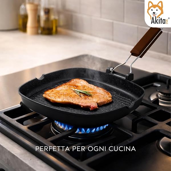 AKITAInk Bistecchiera in Alluminio Pressofuso Antiaderente Quadrata e Rettangolare, Ideale per Carne, Verdure e Grigliate, Compatibile con Induzione, 20x20 cm - 2