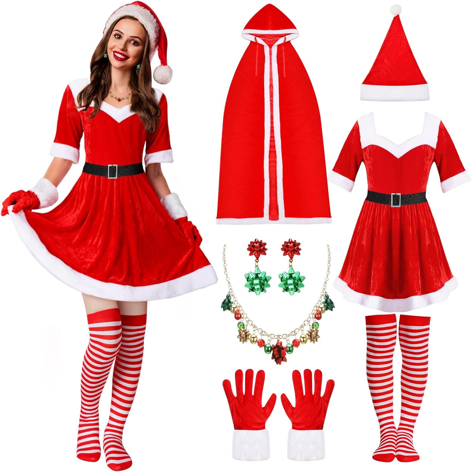 Suhine 7 Pcs Christmas Costume Set for Women Mrs Santa Velvet Dress Cloak Hat Glove Socks Necklace Earrings Xmas Claus Outfit