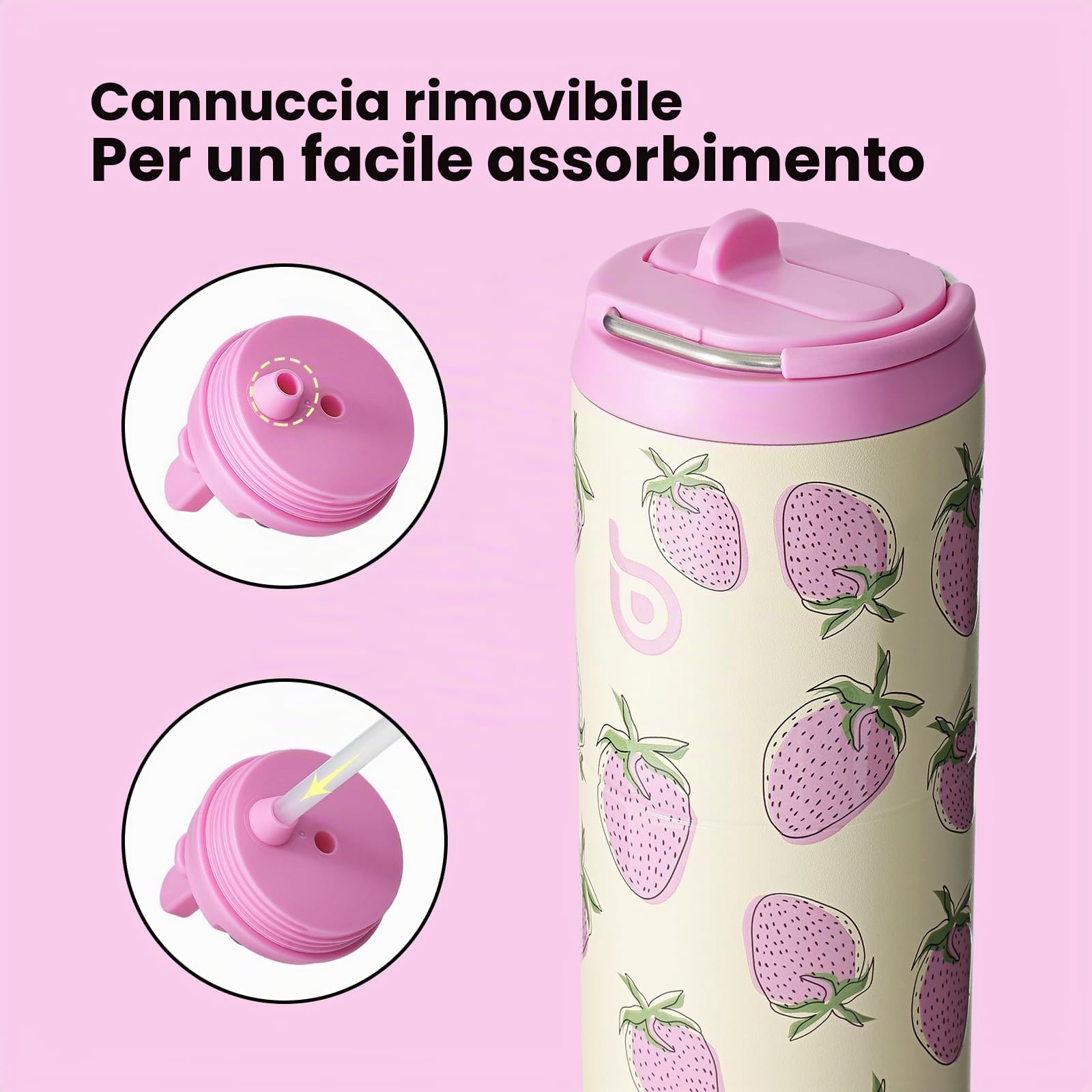BOTTLE BOTTLE Borraccia termica da 680,4 g, con coperchio e manico, per sport, viaggi, palestra, in acciaio inox, a doppia parete, sottovuoto, in metallo, a prova di perdite, priva di BPA (fragola)