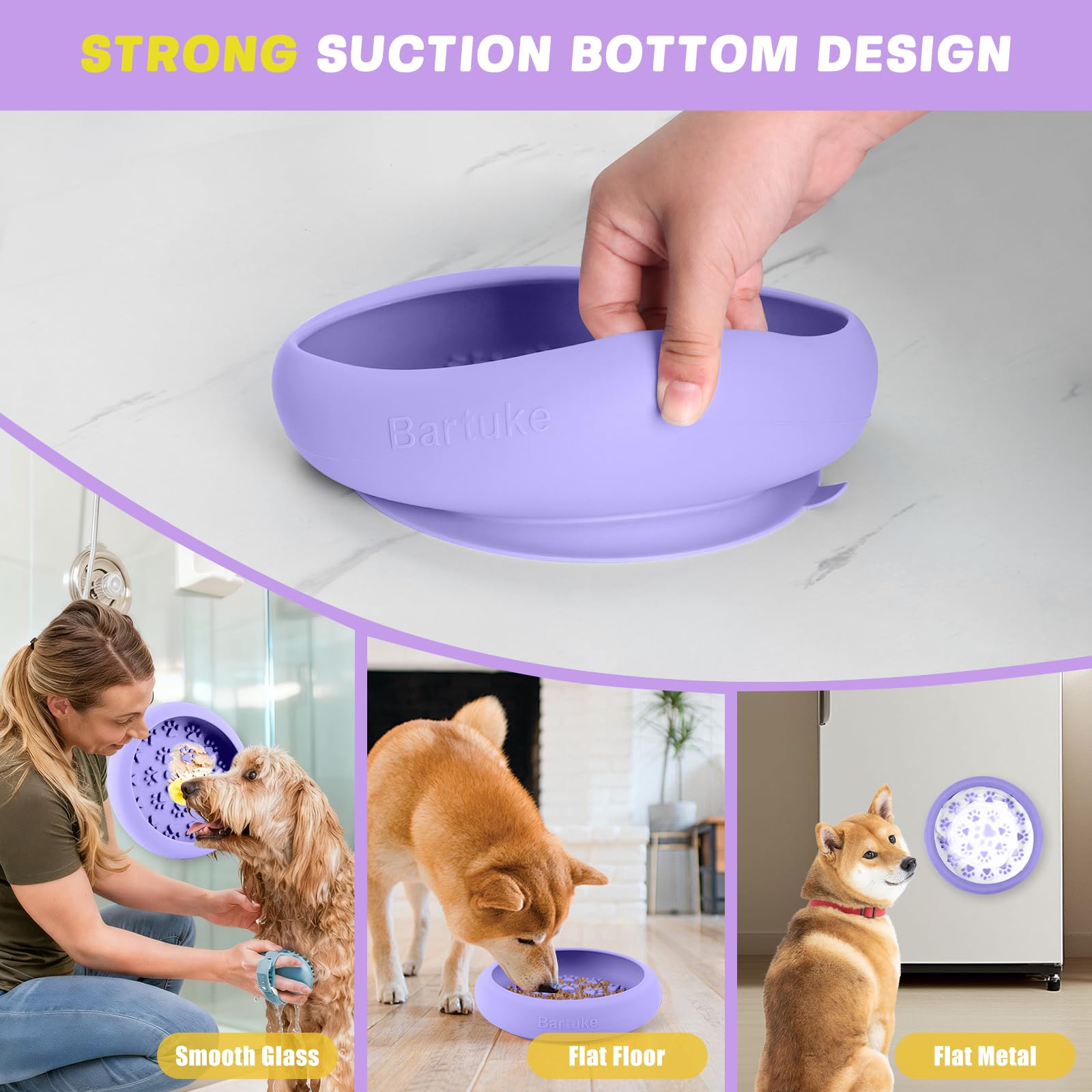 Grande ciotola per cibo in silicone, 21 x 21 x 5 cm, per cani con supporto a ventosa antiscivolo per mangiare lento e allenarsi, impedisce l'ingestione, facile da pulire (viola)