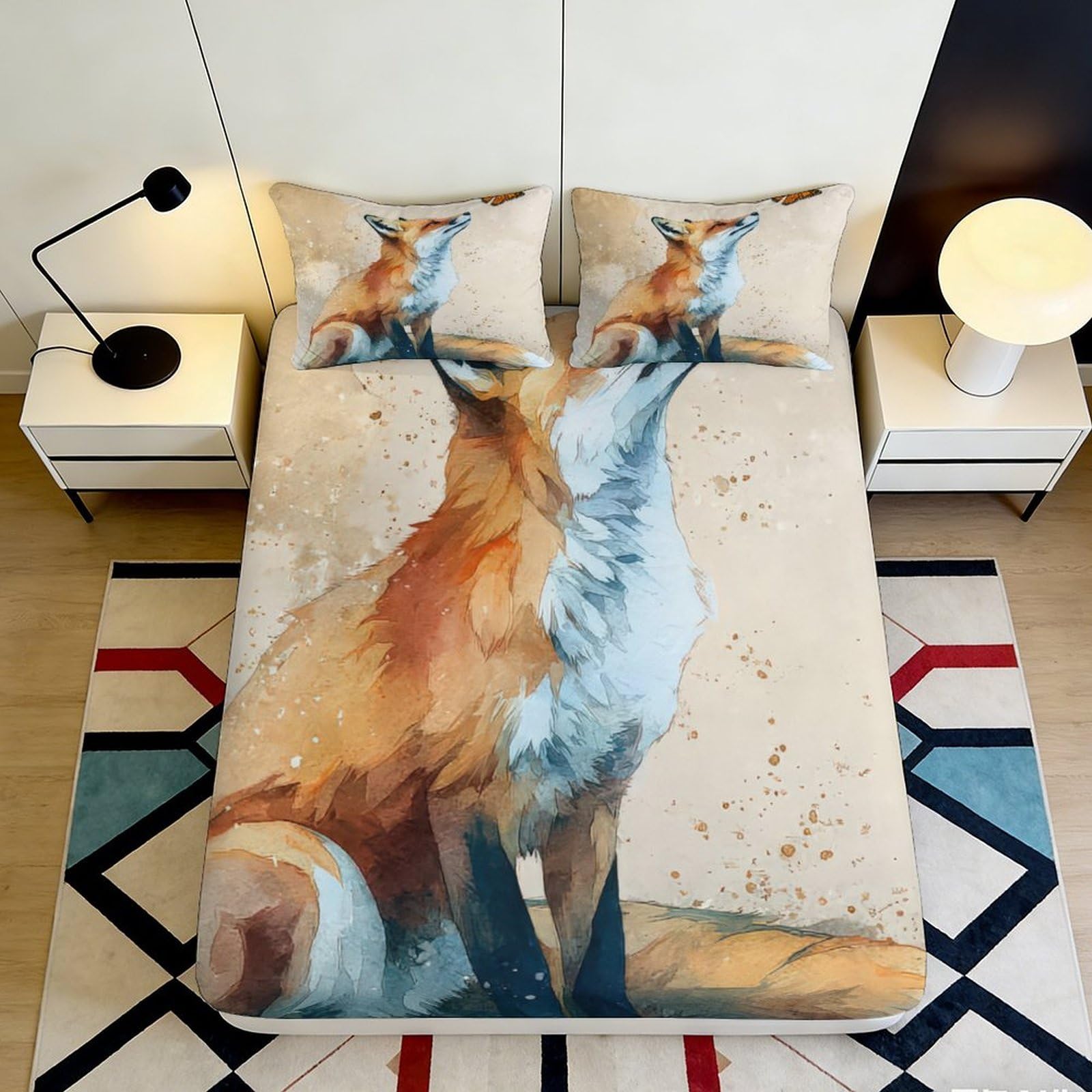 3D Printed Watercolor Fox Fitted Sheet Microfiber Soft Anti-Slip Woodland Animal Mattress Cover for Bedroom Dorm Decor 90x200x25cm
