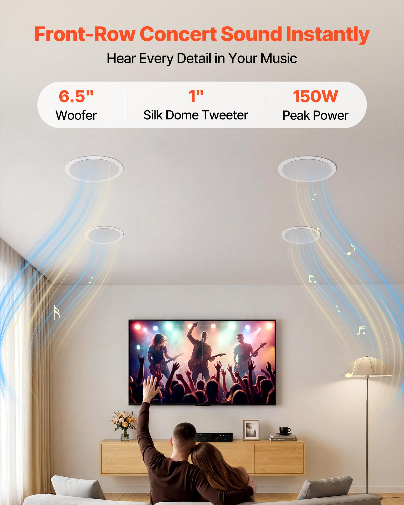 VEVOR Altavoces de Techo 165,1 mm 4 Piezas, Sistema de Altavoces para Techo con Amplificador y Bluetooth, Montaje Empotrado con Cable, para Sala de Estar, Cine en Casa, Comedor, Balcón Cubierto