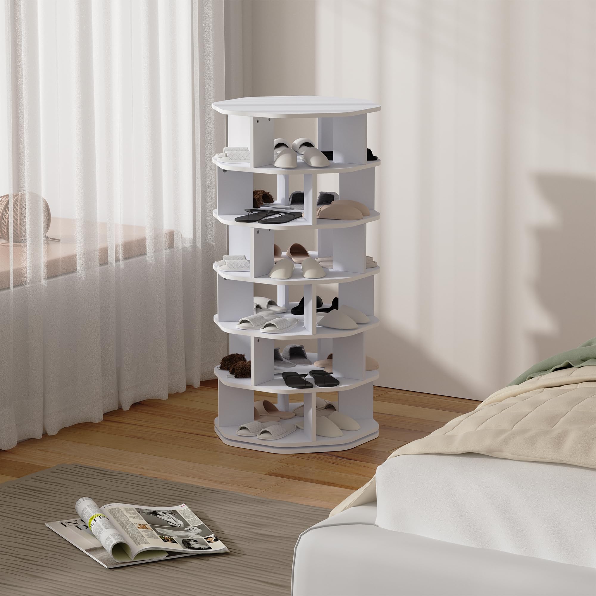 uyoyous 360° Schuhregal 6 Etagen 24 Paar Schuhe Achteckig Weiß Platzsparend | 360° drehbar, platzsparendes achteckiges Design für Flur, Eingang, Wohnzimmer, Schlafzimmer, stabil & langlebig, weiß