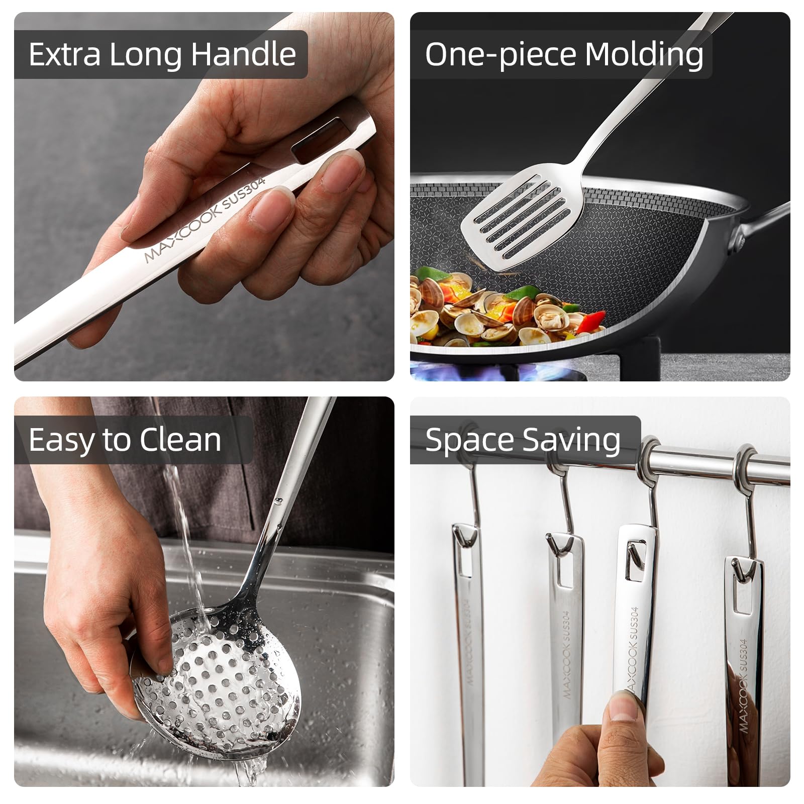 Lot de 8 ustensiles de cuisine en acier inoxydable 18/8 - Écumoire durable - Louche - Cuillère de service pour la cuisine (passe au lave-vaisselle)