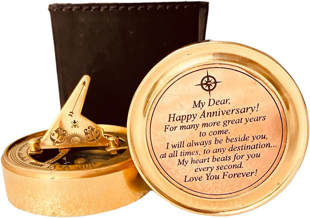 Anniversary Sundial Gift for Him or Her Sundial Clock Compass - Unique Gift for Husband or Wife, Men 1st Wedding Anniversary 50th 40th 25th 20th Year Celebration (Anniversary Sundial Leather Case)