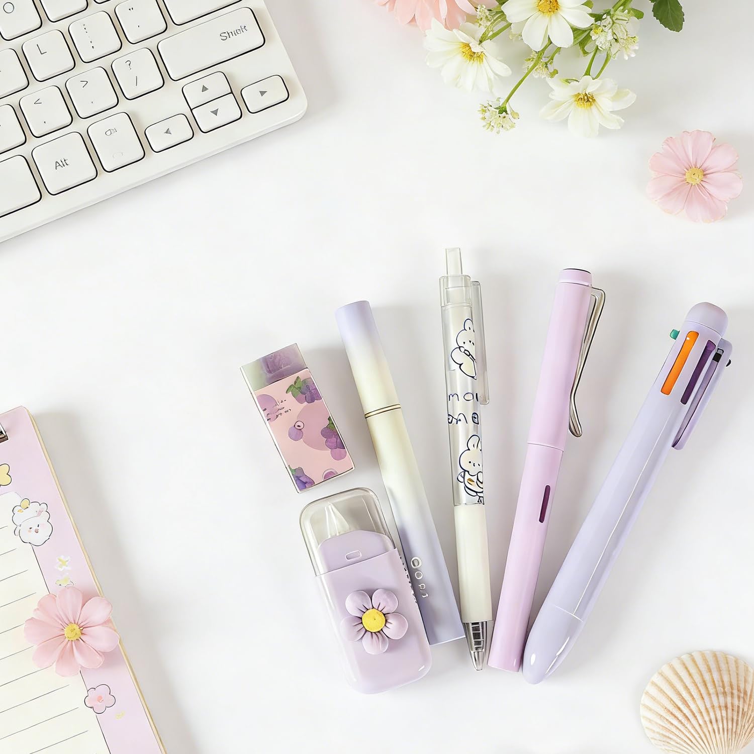 Set di 6 articoli di cancelleria viola per donne - Mini forniture kawaii per ufficio e scuola con penna a sfera, penna gel, evidenziatore, matita eterna, correttore a nastro, gomma