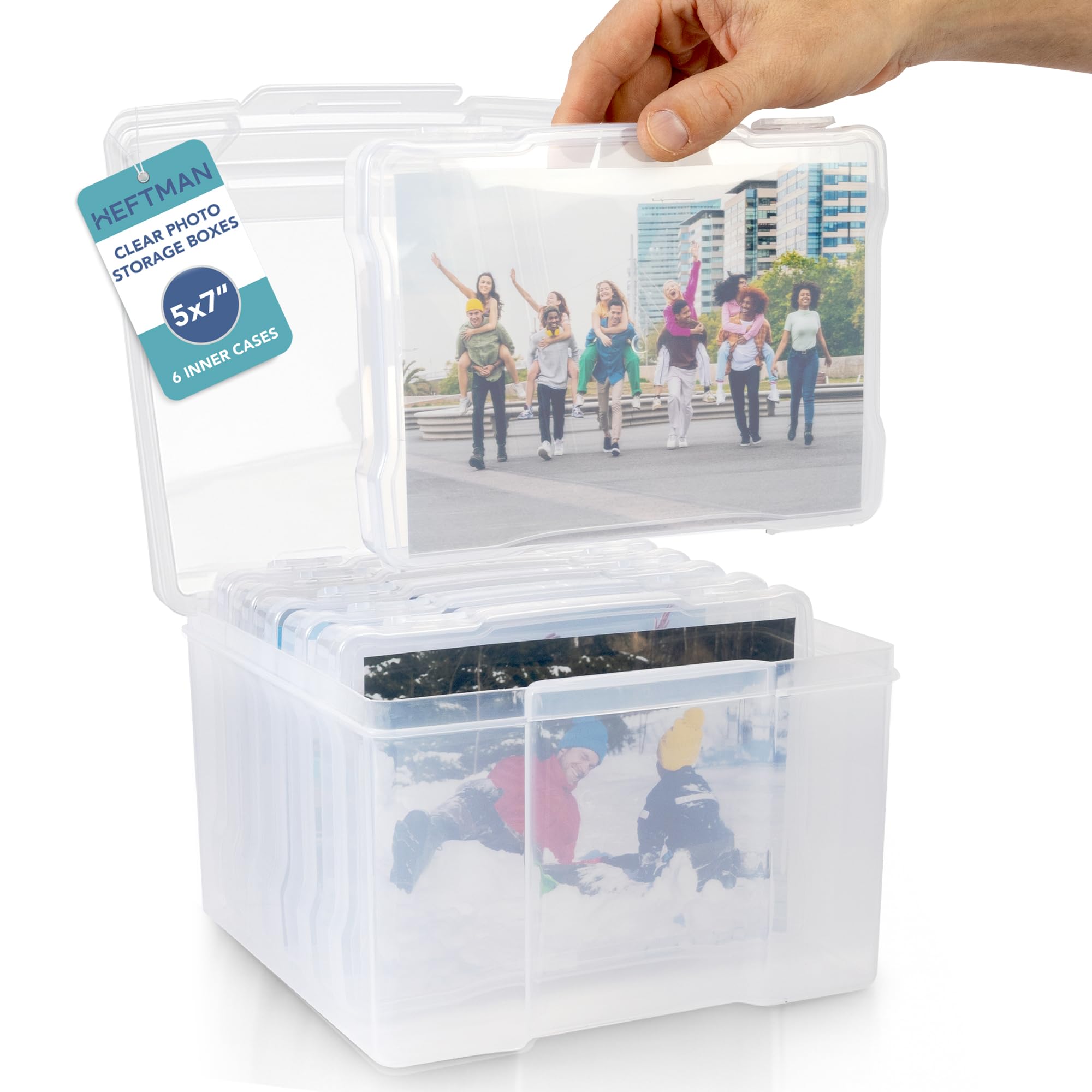 5 x 7 Photo Storage Boxes - Clear Storage Box with 6 Inner Cases, Holds 600 Photos - Transparent Organiser for Office Supplies, Cables, Stickers