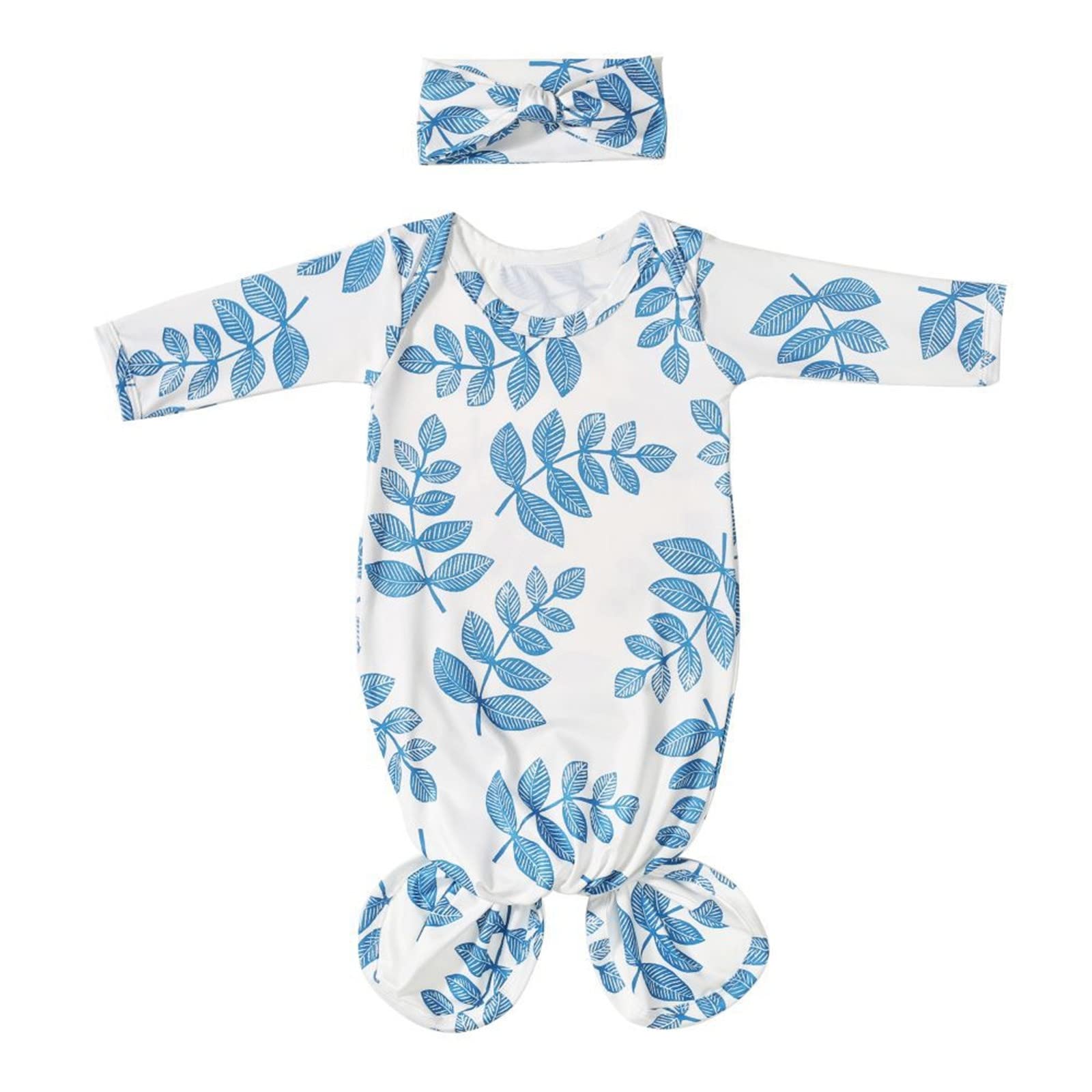Newborn Baby Girl Knotted Sleep Gown Long Sleeve Floral Sleeping Outfit with Headband Set Soft Comfortable Baby Sleepwear and Blanket 30x40 Inches for Infant Girls (Light Blue, One Size)