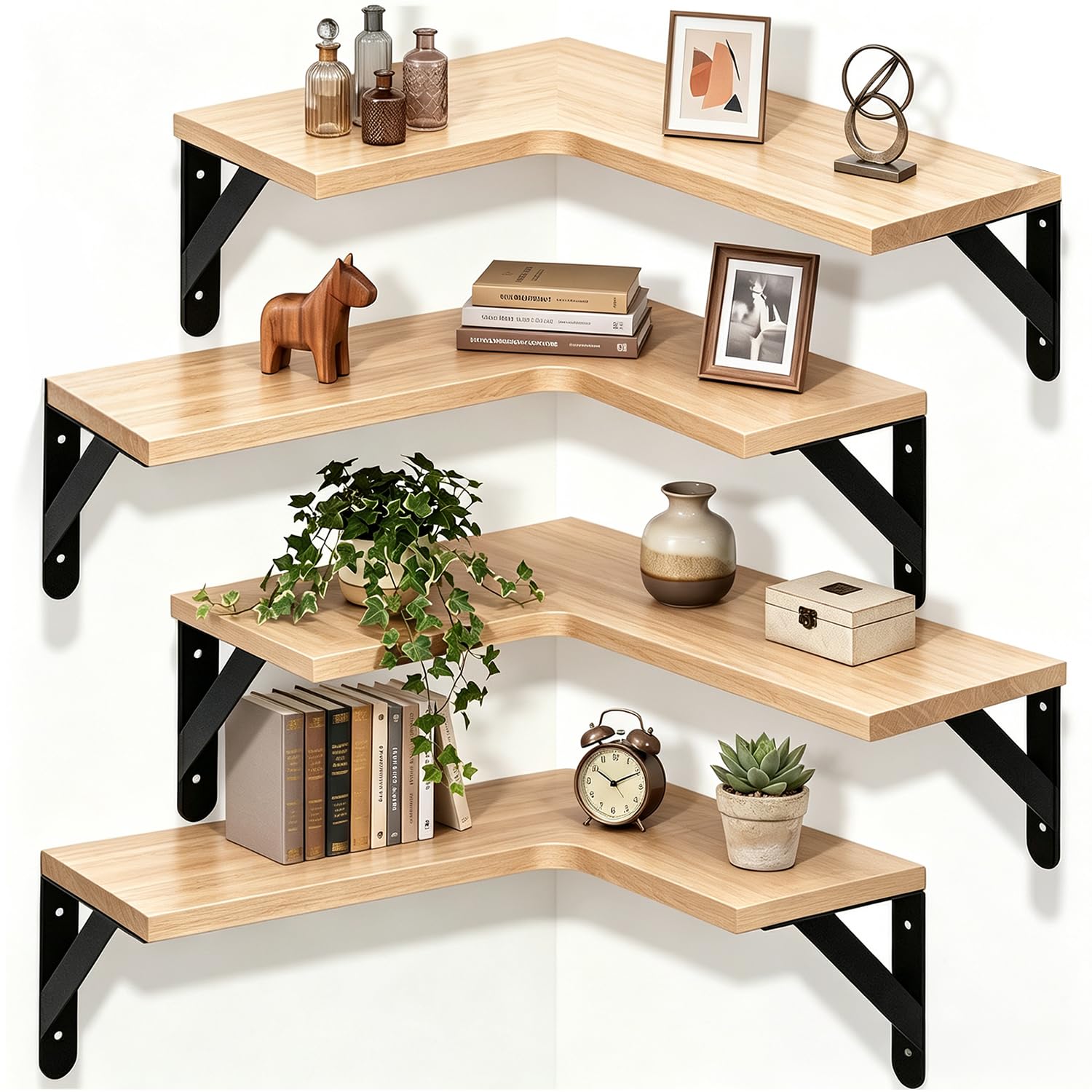 RITOLLO Floating Shelves Set of 4, L-Shaped Corner Shelves for Wall，Rustic Wooden Shelving for Bedroom, Living Room, Bathroom, Kitchen & Office Decor (Light Brown)