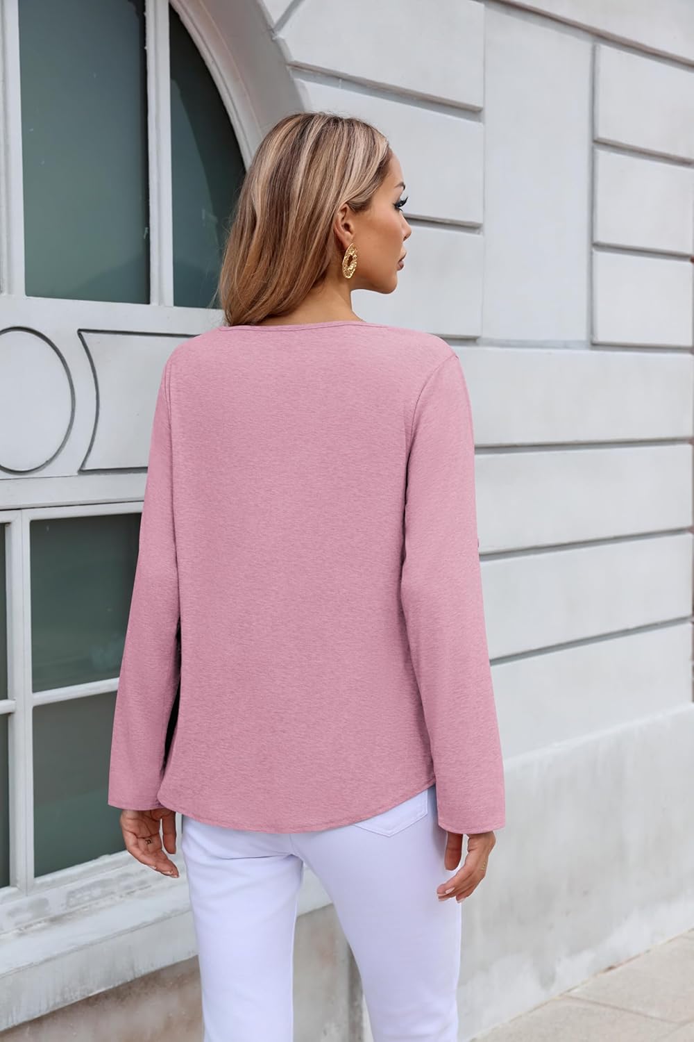 SUEANI Womens Roll Up Long Sleeve Tops Boat Neck Casual Tie Front Fall Tops Stretchy Basic Tee Pullover Shirts - Image 6