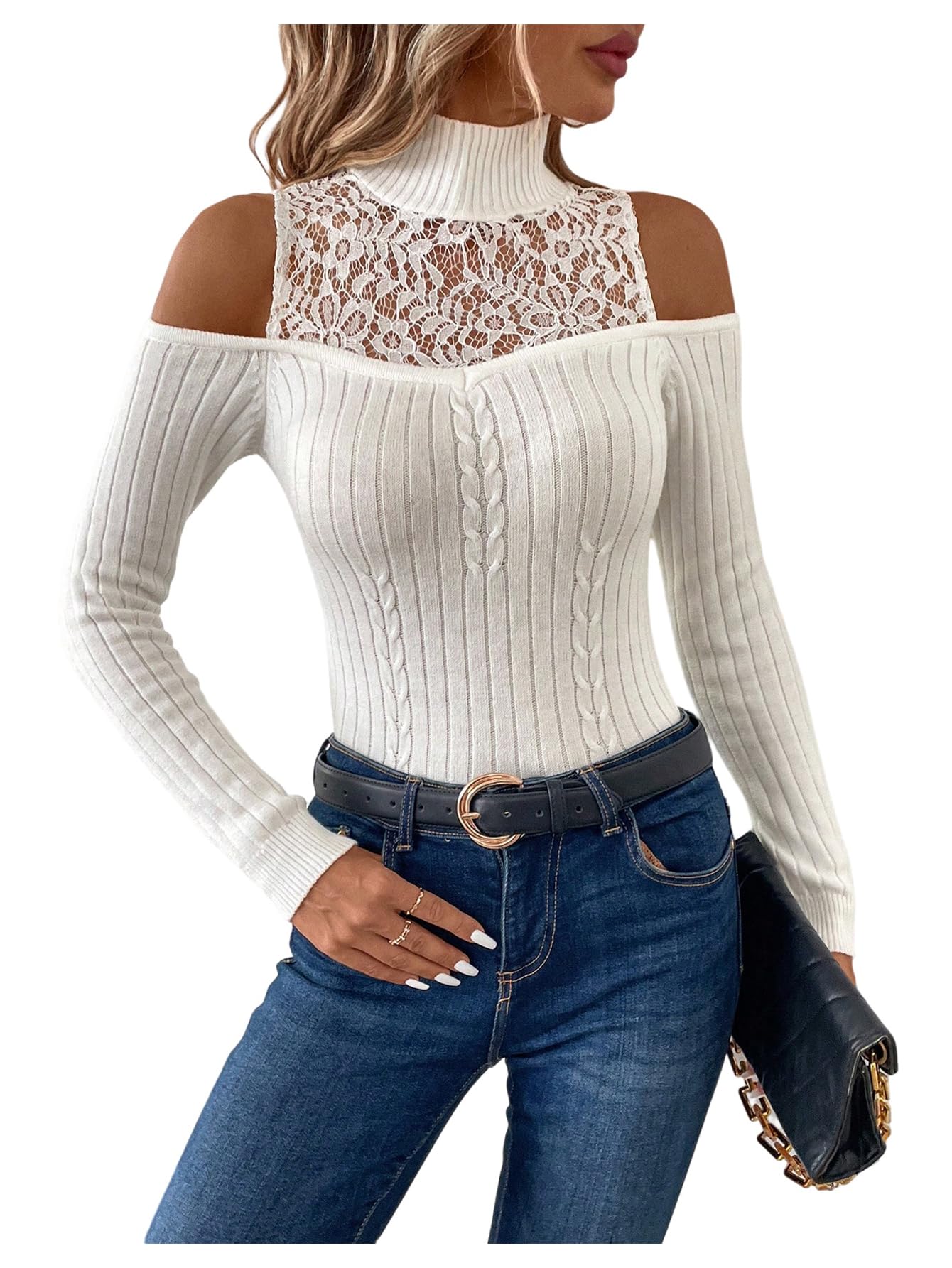 WDIRARA Womens Cold Shoulder Turtle Neck Sweathers Lace Fitted Rib Knit Pullover Tops