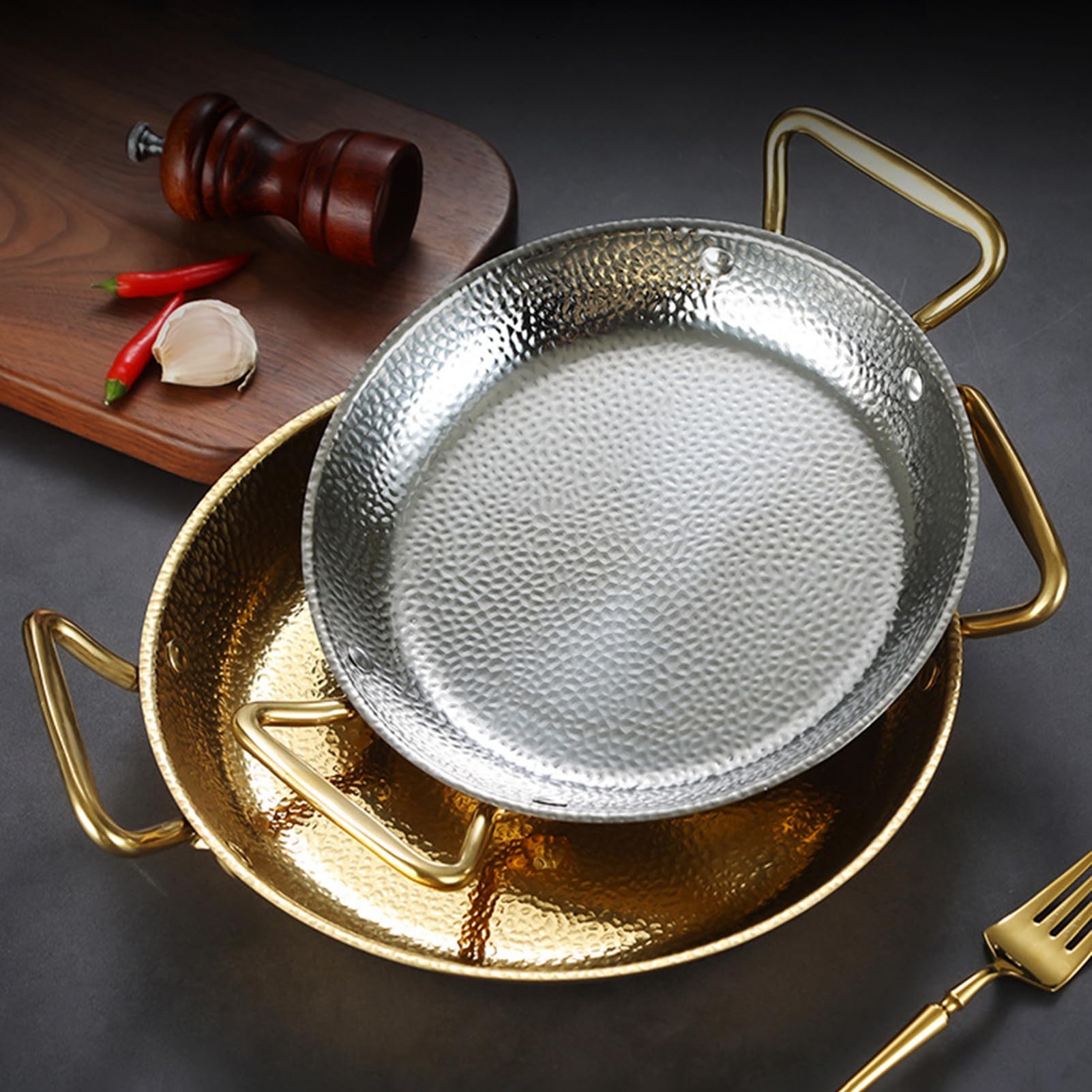 Premium 28 cm miedziana patelnia do paelli, nieprzywierający garnek do gotowania z dwoma uchwytami, stal 304, mały rondel z owocami morza, idealny do autentycznej kuchni hiszpańskiej
