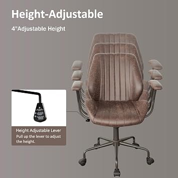 Mid Back Home Office Chair, Mid Century Modern Leather Computer Desk Chair, Comfy Executive Rolling Swivel Task Chair with Wheels Armrest Height Adjustable,Dark Brown