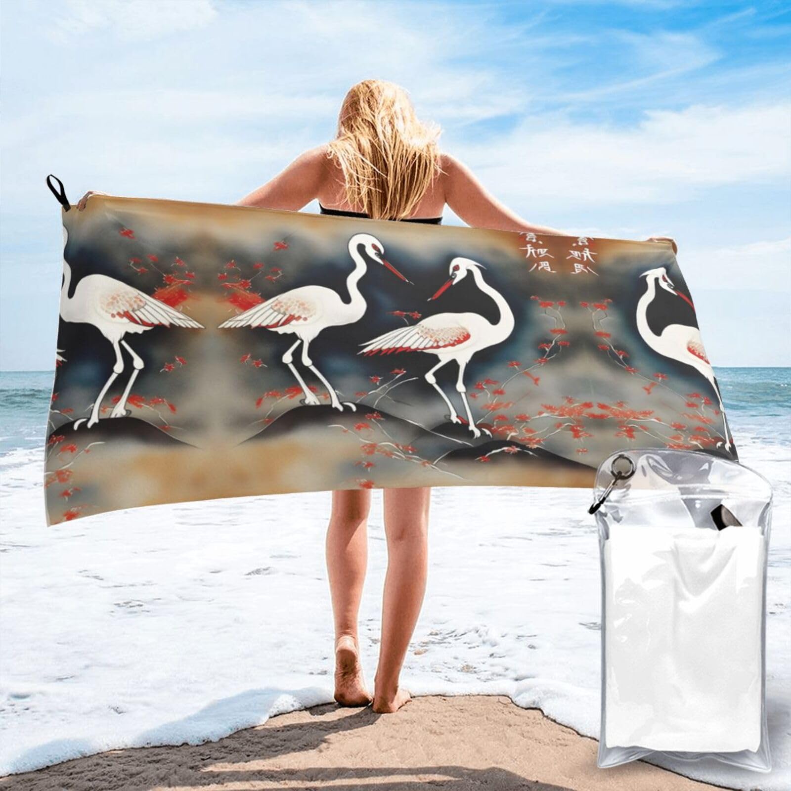 Toalla de playa grande y suave con estampado de grúas japonesas