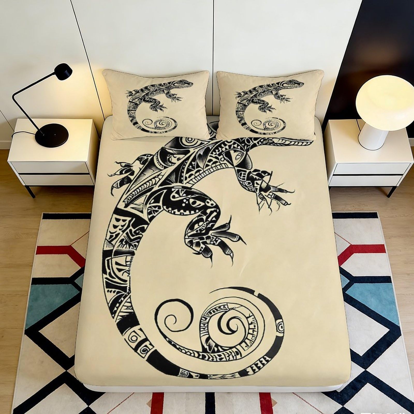3D Printed Lizard Fitted Sheet Microfiber Deep Pocket Full Wrap Bedroom Bedding Lizard Mattress Fitted Cover Non-Slip Washable 140x200x25cm