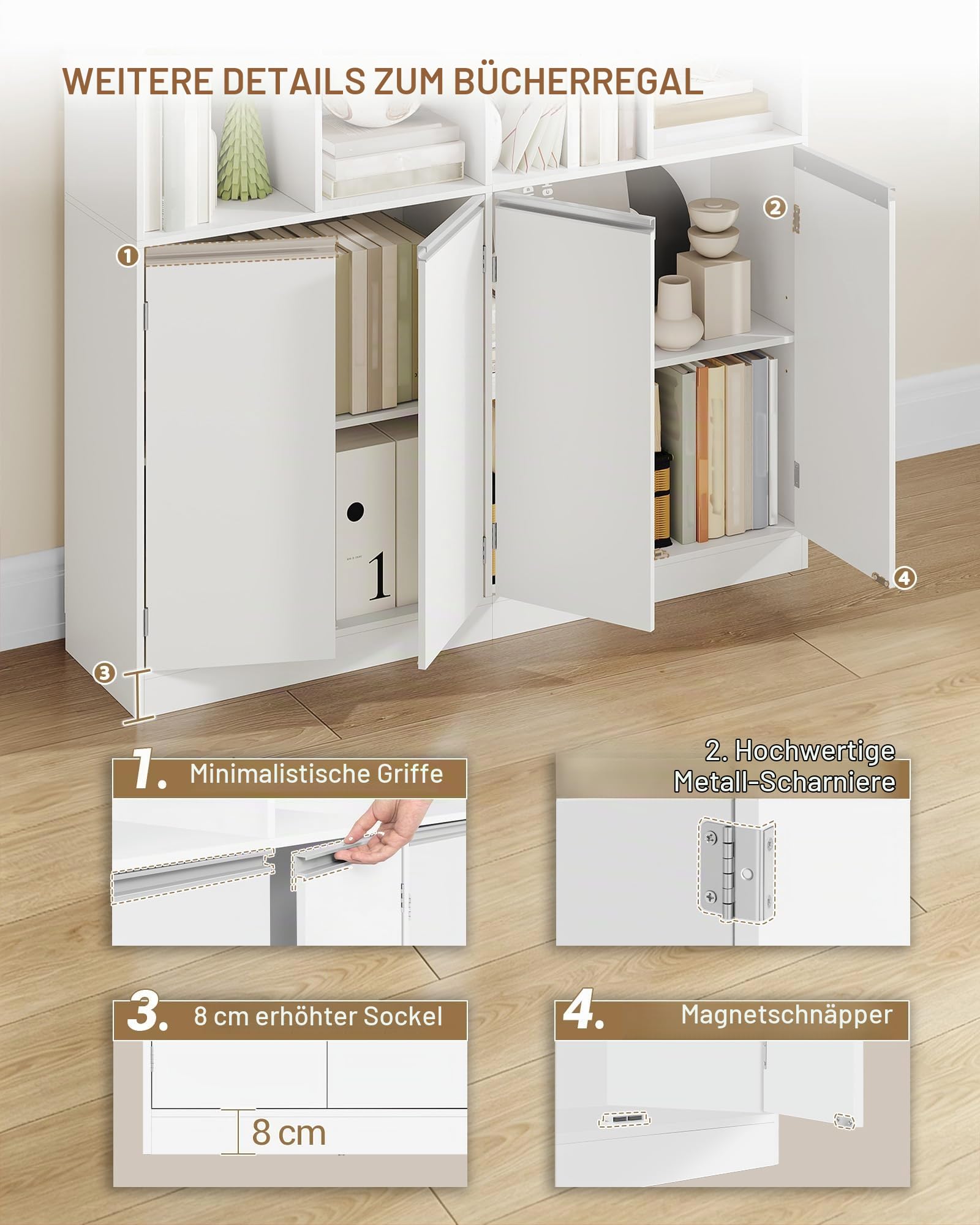 Hzuaneri Bücherregal 10 Fächer 4 Türen Standregal, 30 x 120 x 180 cm, Weiß | freistehend, 4-türiger Unterschrank, Aufbewahrungsregal, für Wohnzimmer Büro Schlafzimmer, BC46503X