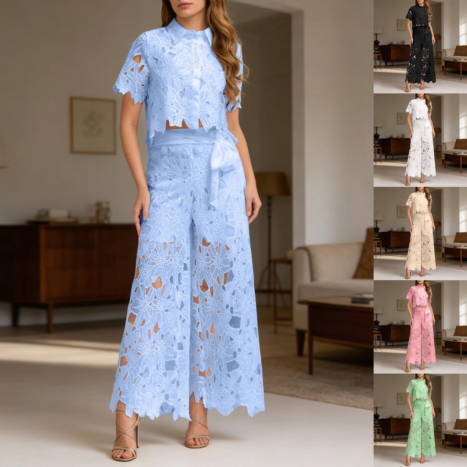 Zweiteiler Damen Spitze Hosenanzug Ausgehöhltes Bluse Oberteile High Waist Hose Elegant Loungewear Einfarbig Outfit Set Party Freizeitanzug Outdoor Streetwear Reiseanzug