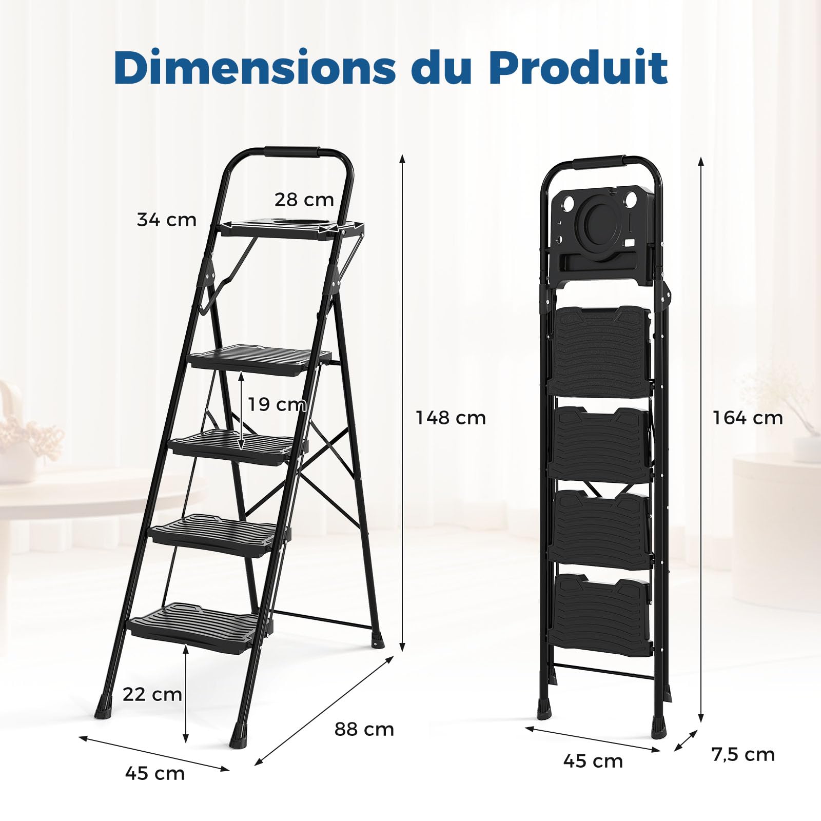 COSTWAY Escabeau Métallique 4 Marches avec Plateau Porte-Outils, Échelle Pliante avec Pédales Larges Antidérapantes Patins, Échelle Portable Multifonction pour Maison Cuisine Bureau