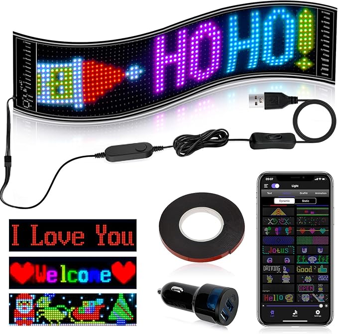 Panel LED USB digital multipropósito, pantalla flexible LED programable de 12 x 47, panel digital de aplicación Bluetooth portátil para automóvil, tienda, bar, graffiti, texto, pantalla de animación