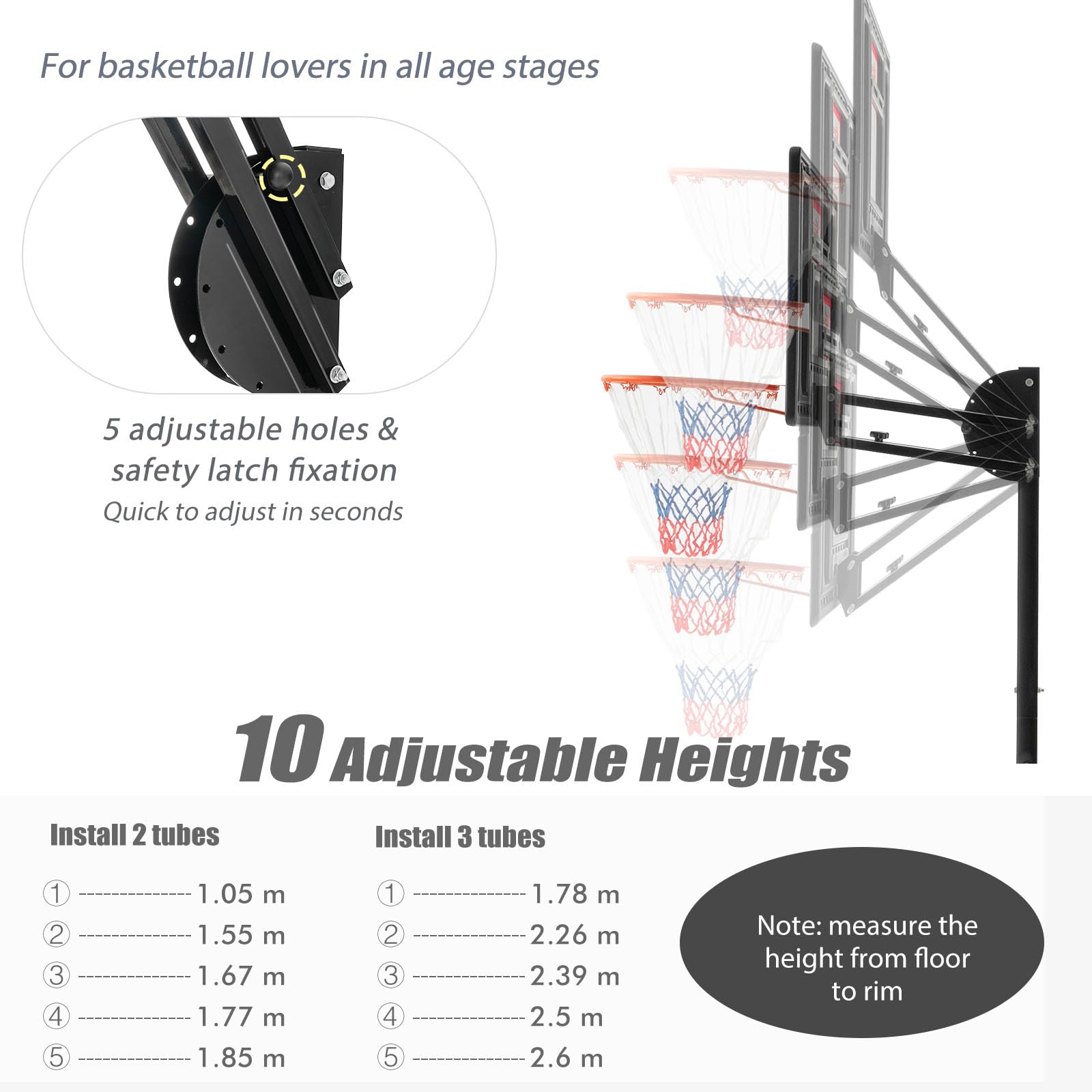 LIFEZEAL Canestro da Basket da Esterno, Supporto con Altezza Regolabile 155-310 cm con Borsa, Canestro su Piedi con Ruote Portatile, per Bambini e Adulti